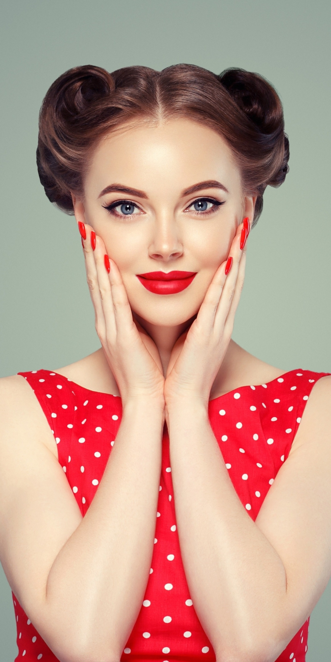 Download Wallpaper 1080x2160 Red Lips Makeup Smile Woman Model
