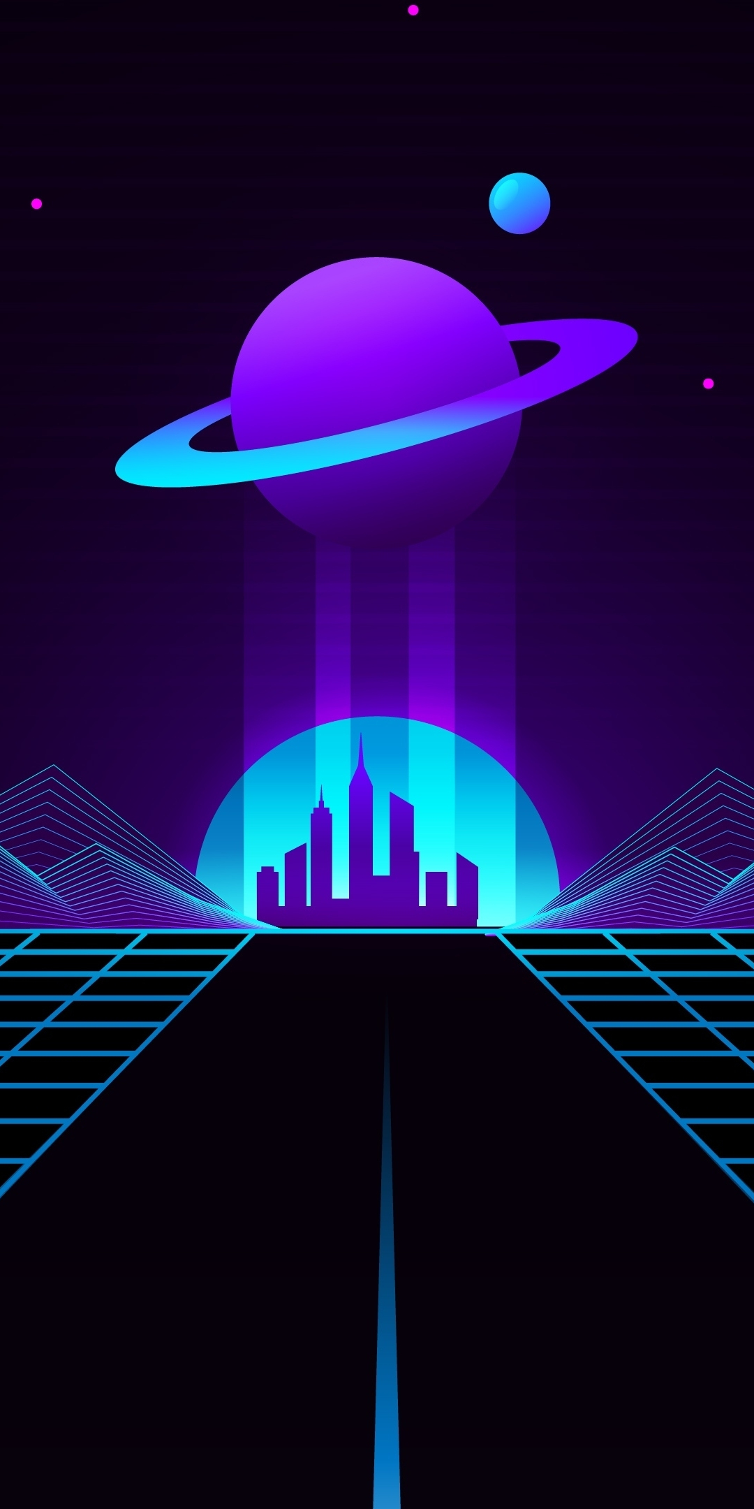 Synthwave, planet and city, retro wave, digital art, 1080x2160 wallpaper