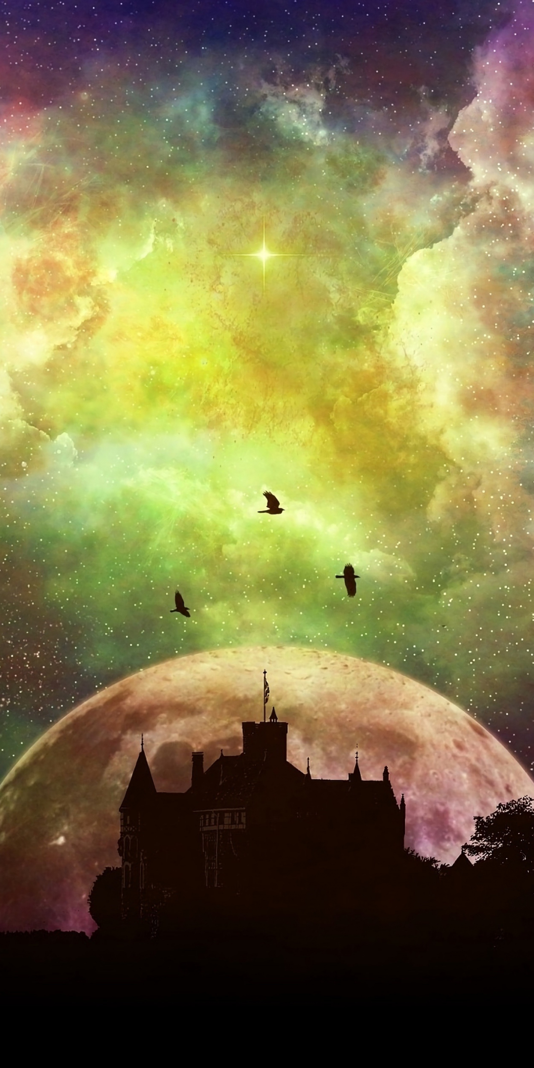 Castle, moon, mystical, colorful sky, fantasy, 1080x2160 wallpaper