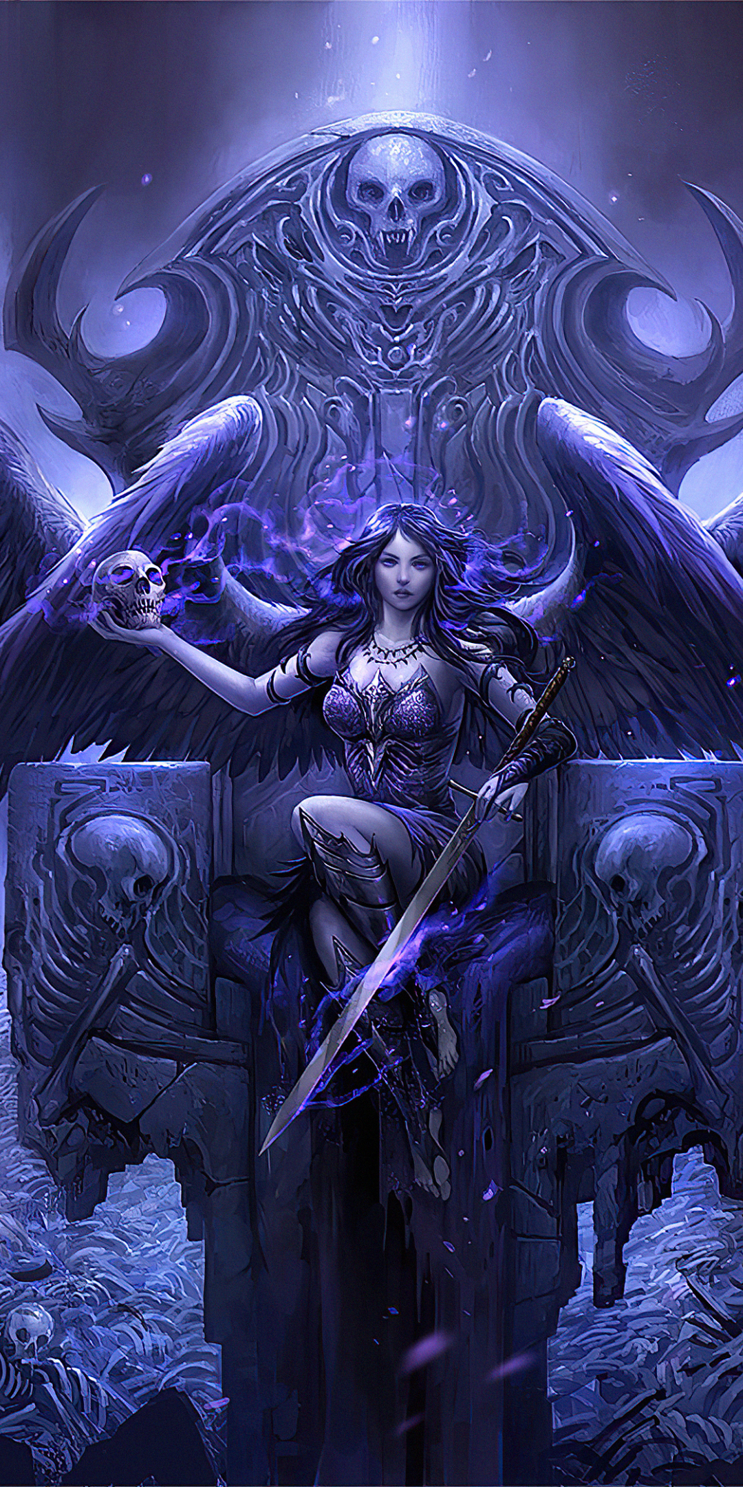 Black Angel sitting on throne, fantasy, artwork, 1080x2160 wallpaper