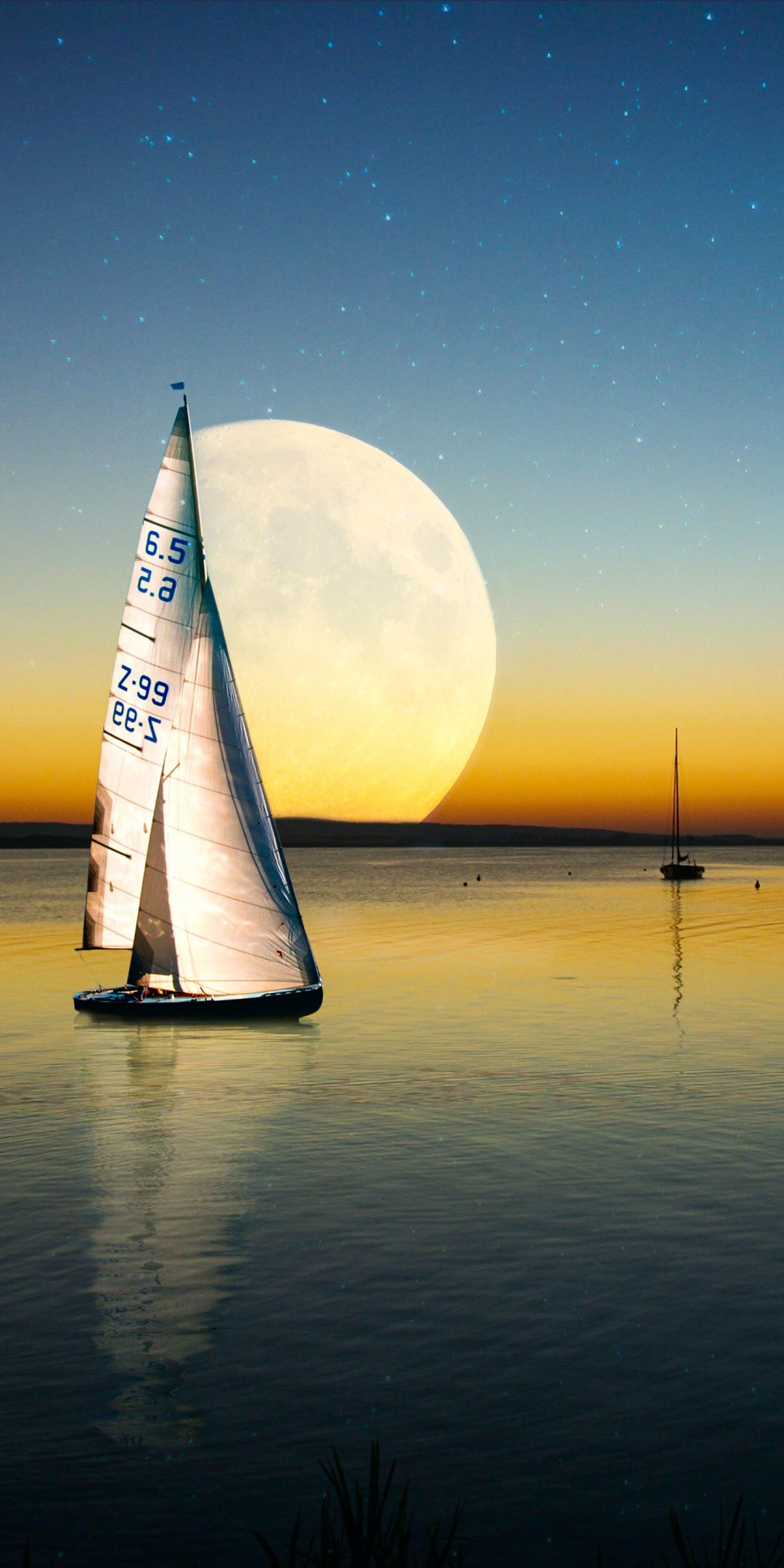 Moon, sailing boat, sea, sunset, 1080x2160 wallpaper
