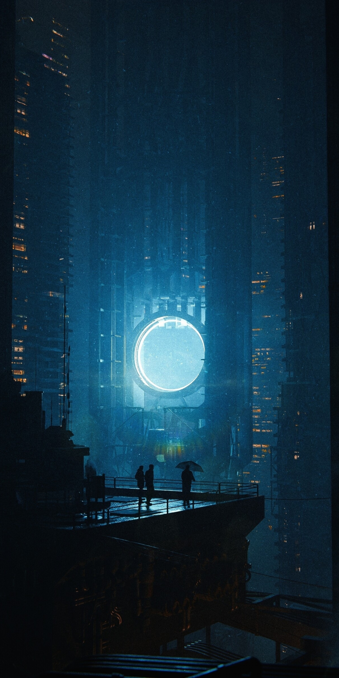 Tall buildings, glowing portal, cyberpunk, 1080x2160 wallpaper