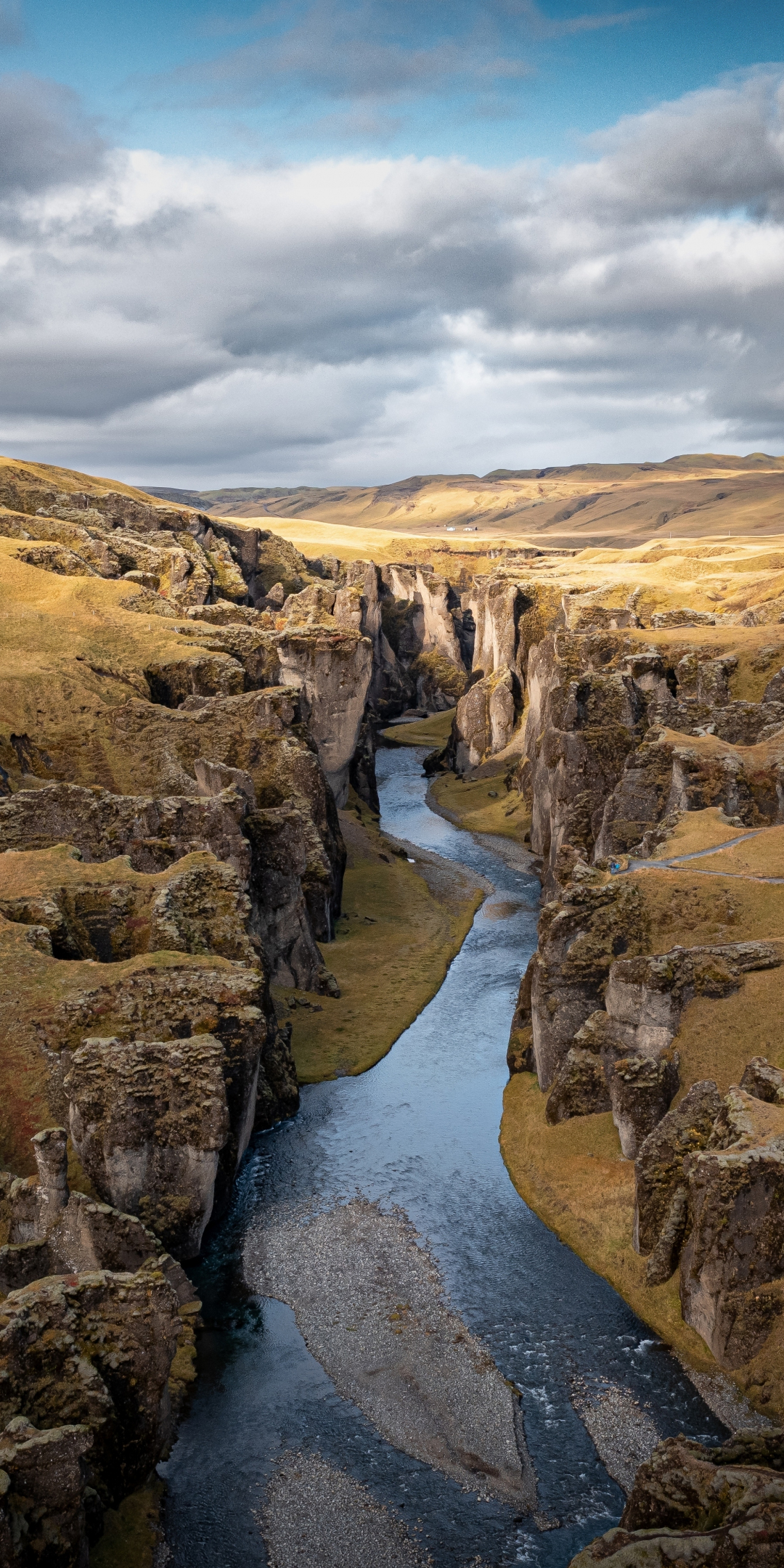 Fjaðrárgljúfur Canyon, Iceland, river, aerial view, landscape, 1080x2160 wallpaper