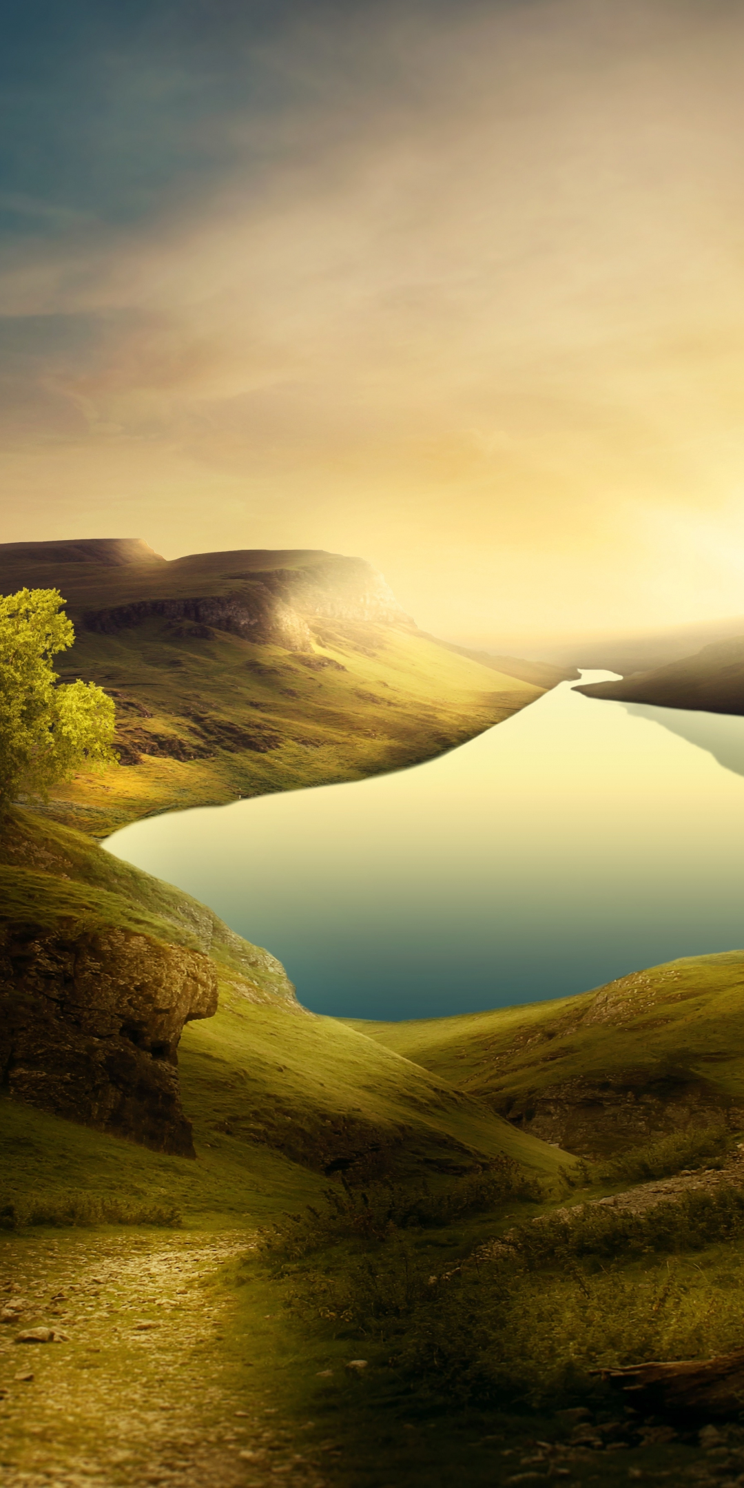 Mountains, lake, hills, landscape, sunset, 1080x2160 wallpaper
