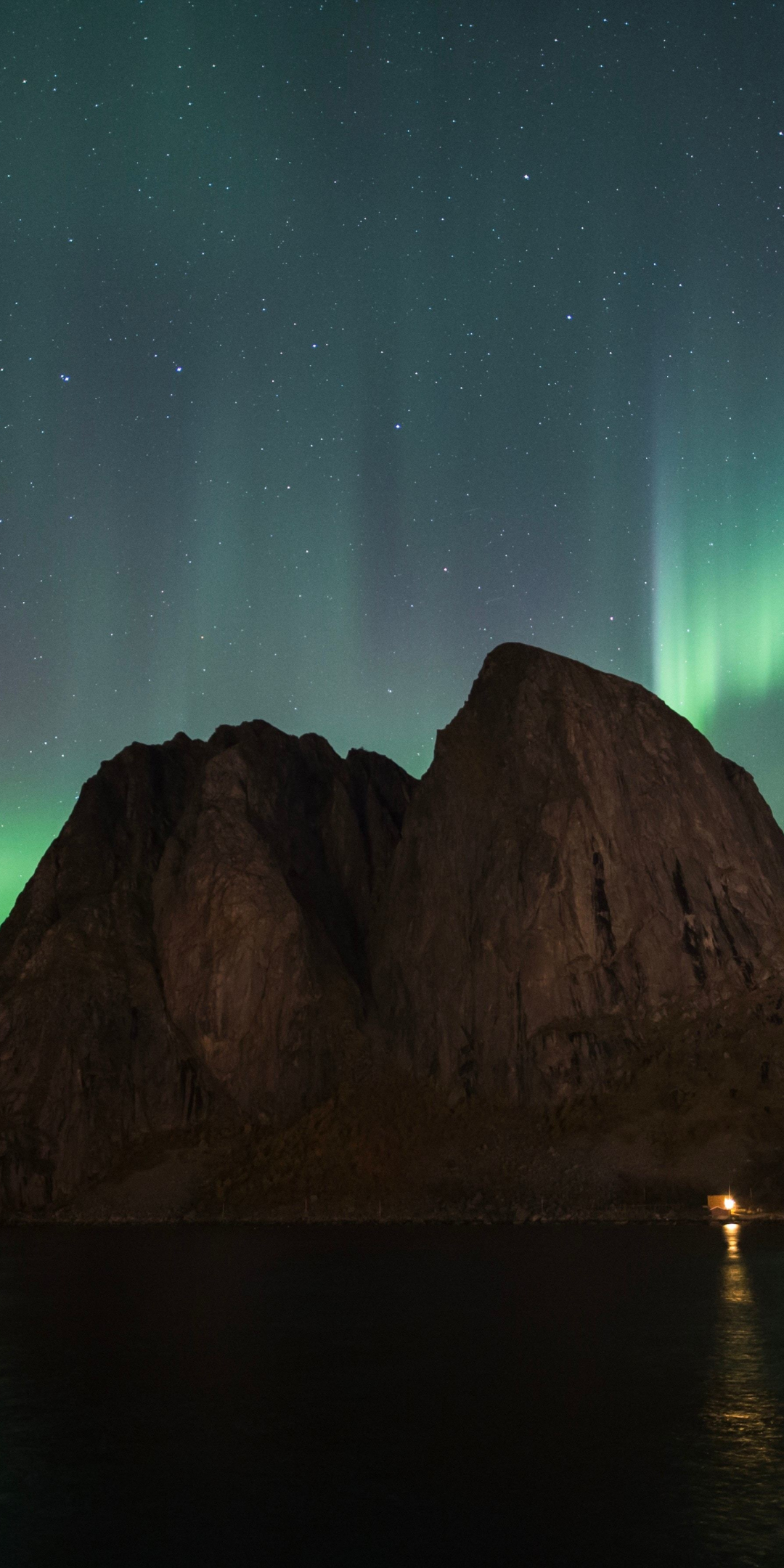 Mountains, green lights, Northern lights, Aurora, 1080x2160 wallpaper
