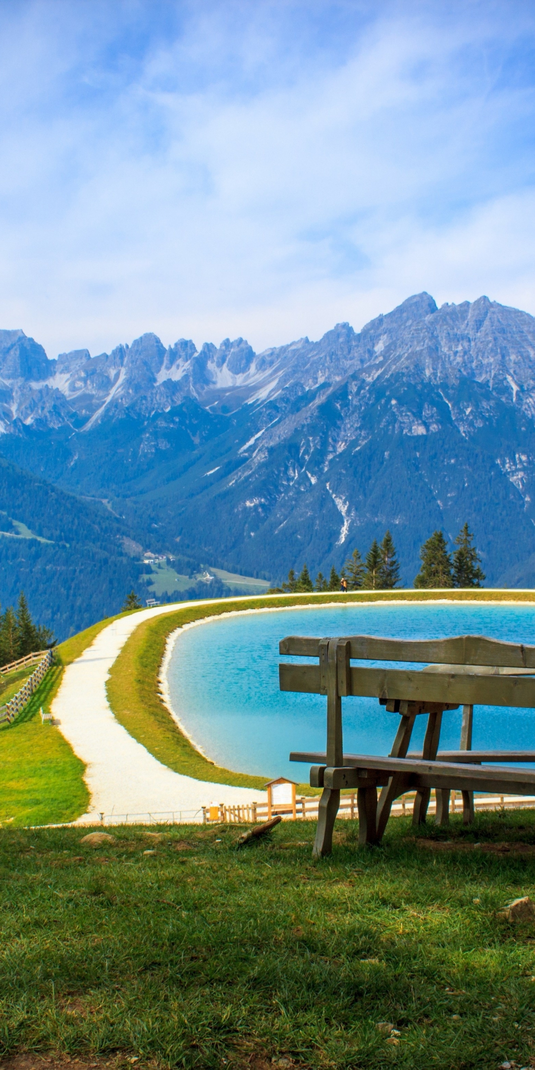 Lake, mountains, nature, landscape, bench, 1080x2160 wallpaper