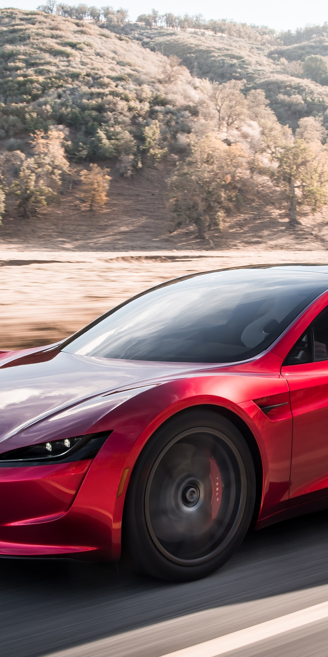 Red, sports car, Tesla Roadster, 1080x2160 wallpaper