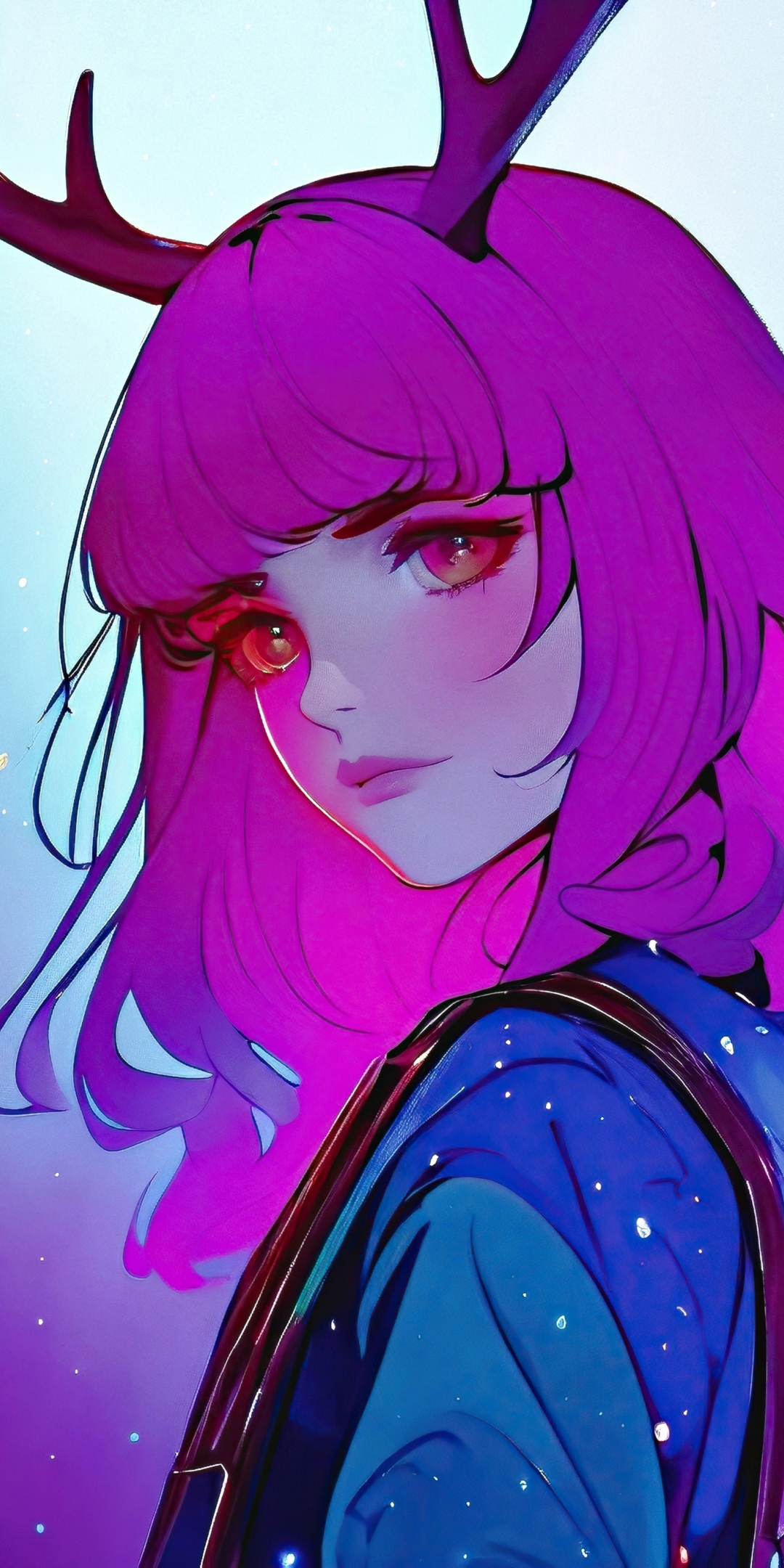 Purple hair girl with horns, fantasy, pretty eyes, art, 1080x2160 wallpaper