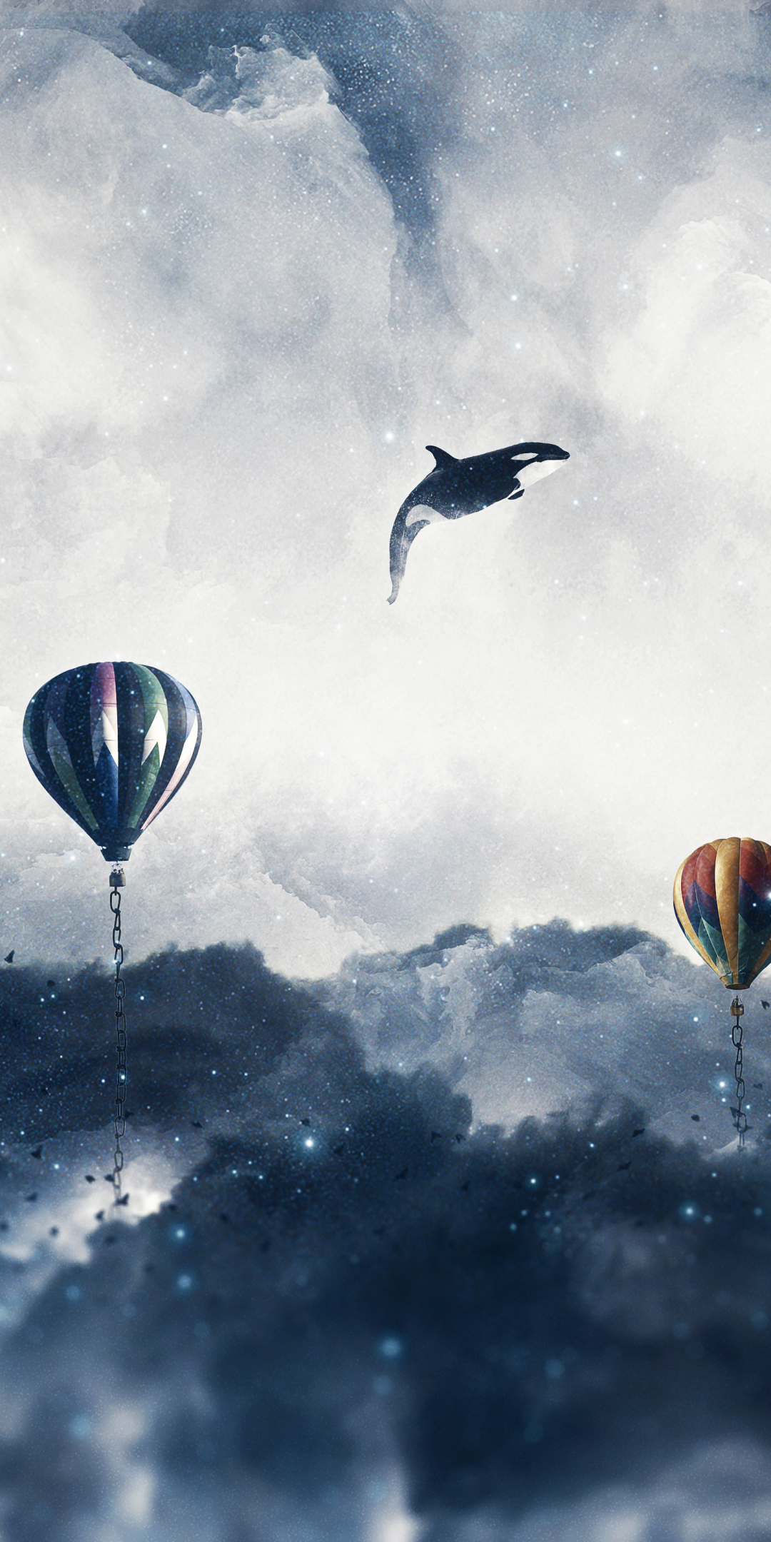 Surreal, hot air balloons, clouds, sky, dolphin, 1080x2160 wallpaper