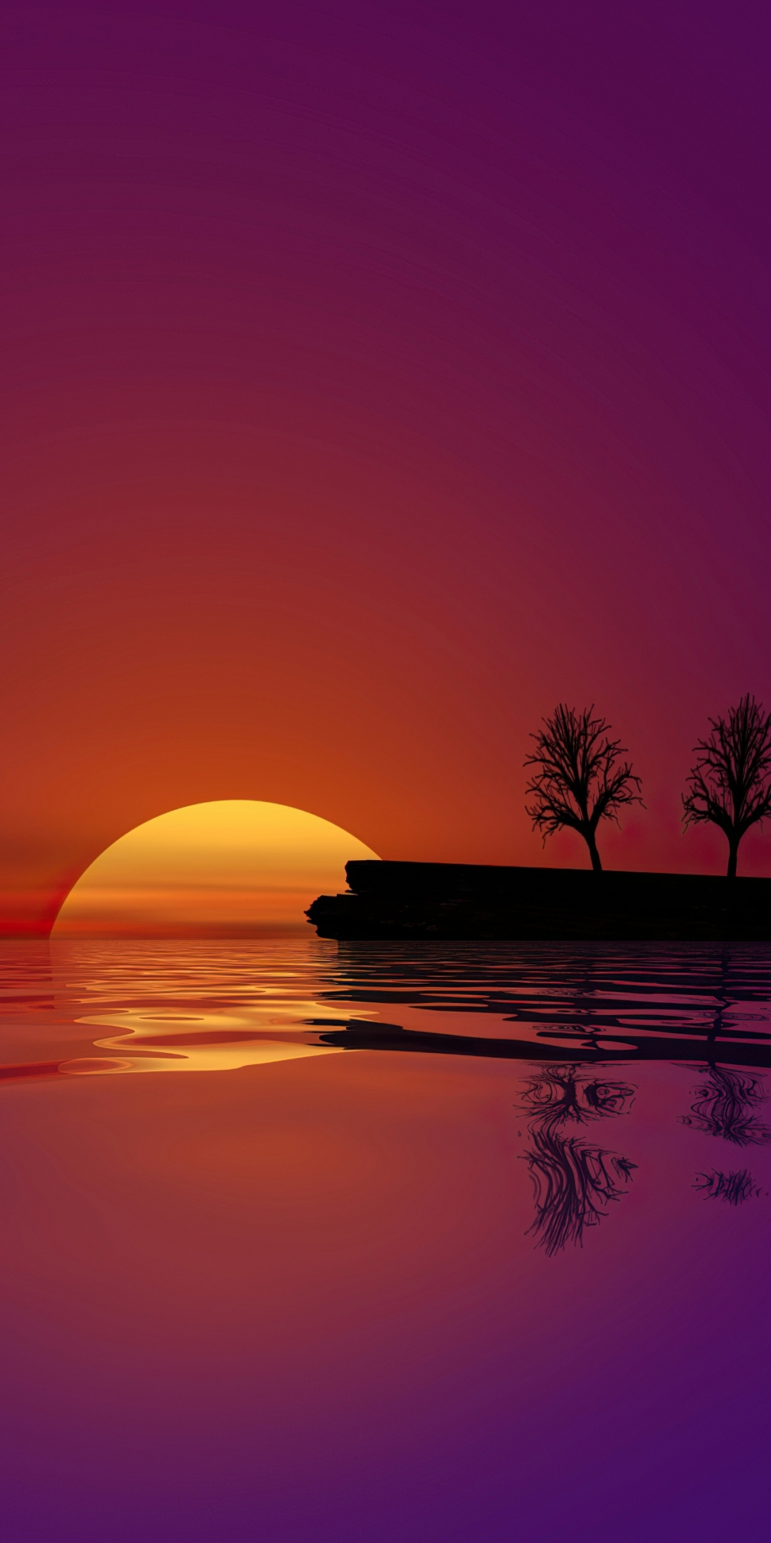 Silhouette, sunset, lake, trees, nature, 1080x2160 wallpaper
