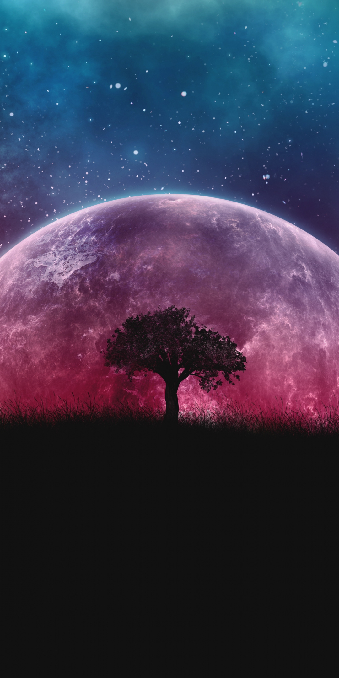 Planet, silhouette, tree, moon, galaxy, stars, photoshop, 1080x2160 wallpaper