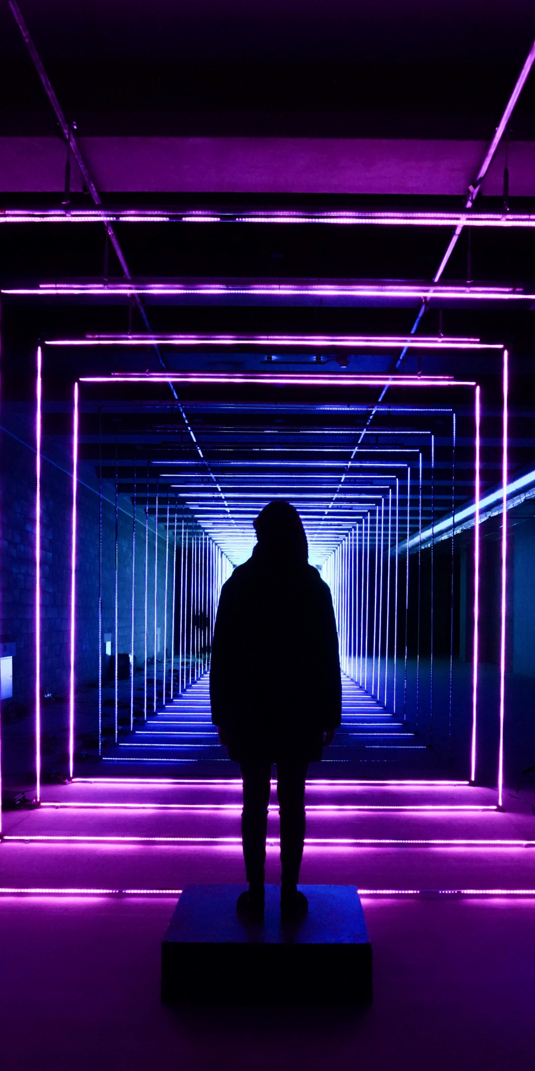 Neon lights, tunnel, silhouette, girl, 1080x2160 wallpaper