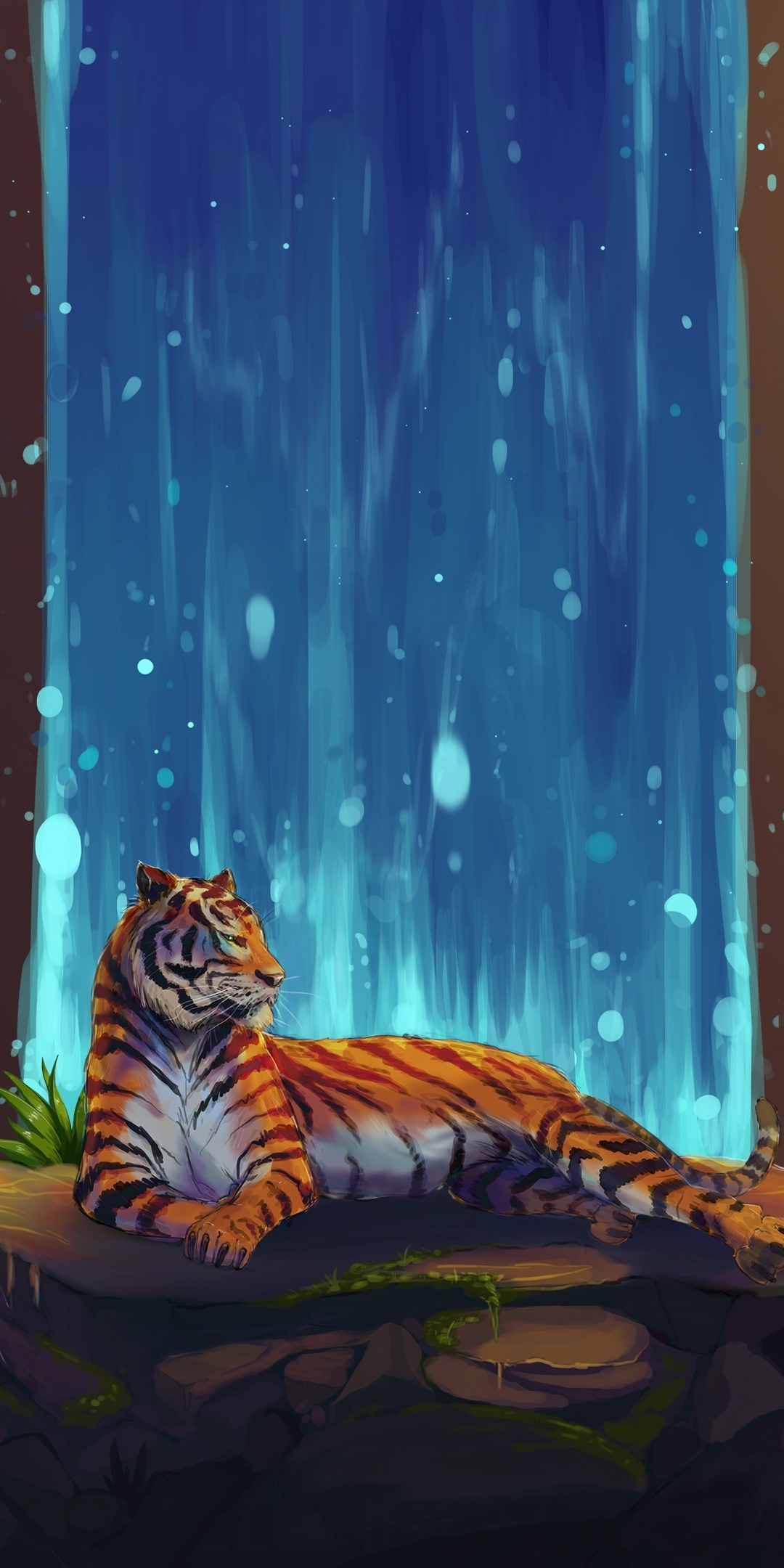 Artwork, tiger, waterfall, stones, 1080x2160 wallpaper