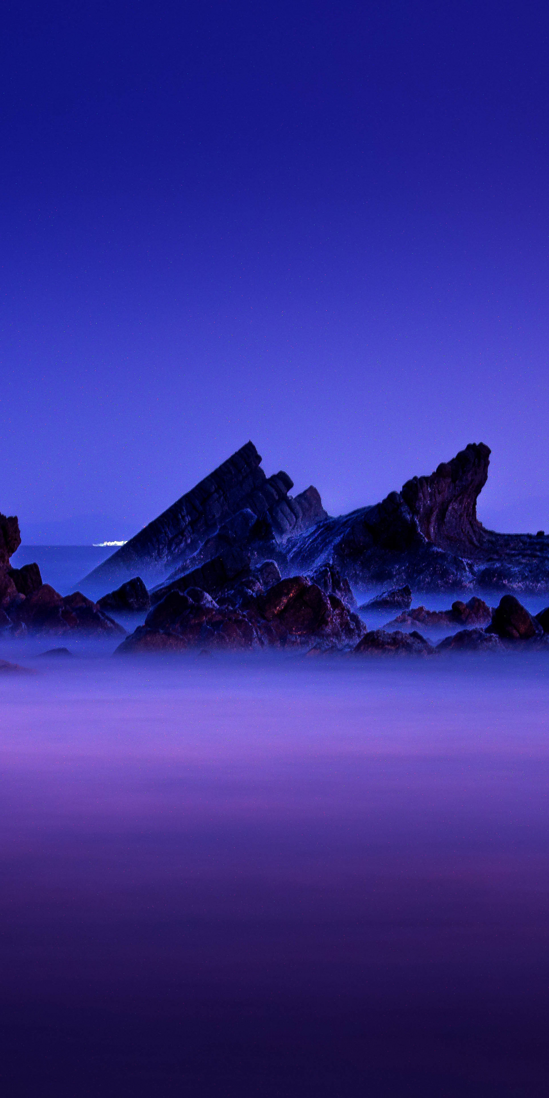 Purple sky, sunset, rocks, coast, beach, seascape, 1080x2160 wallpaper