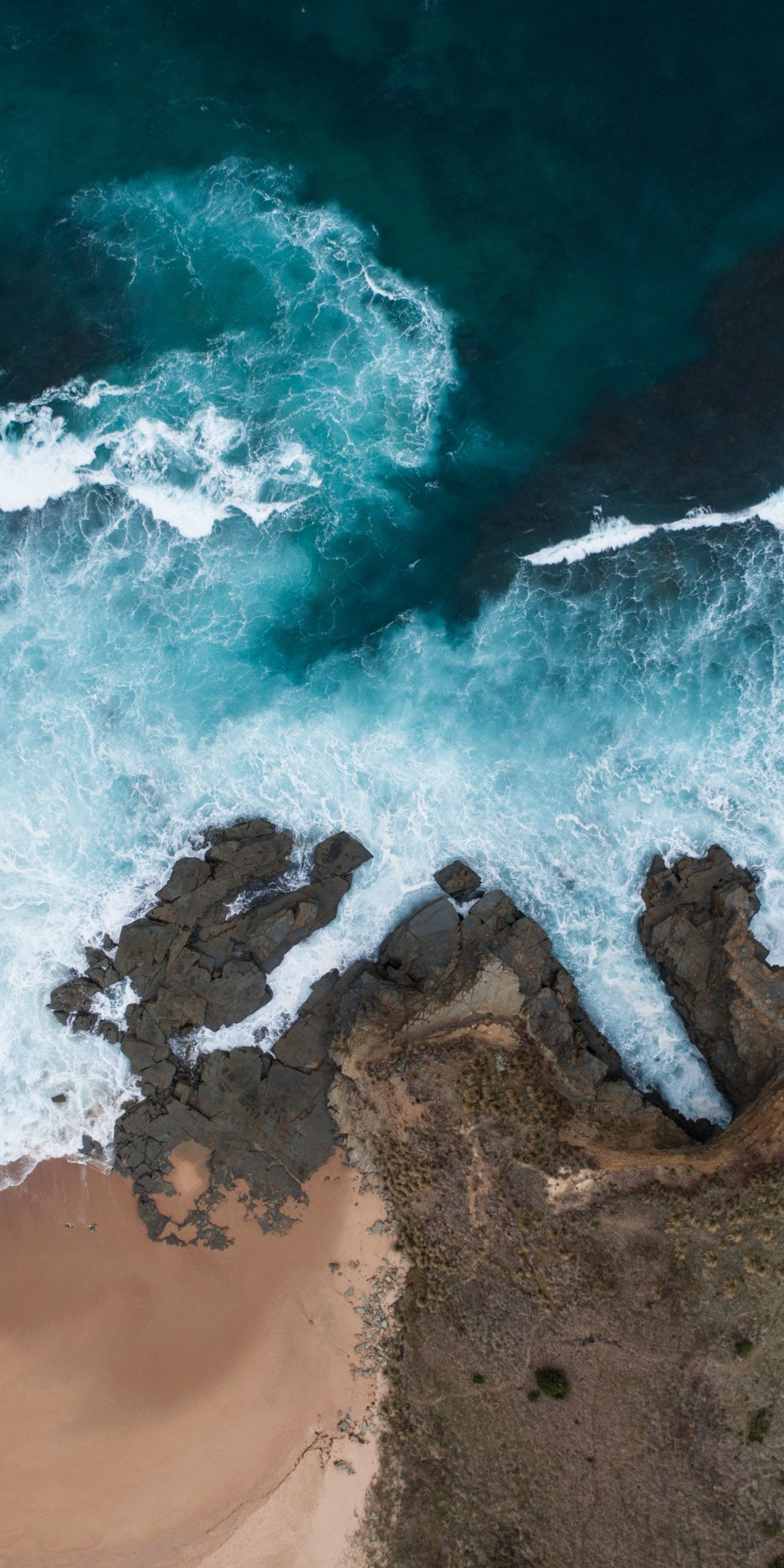 Beach, coast, sea waves, sea, aerial view, 1080x2160 wallpaper