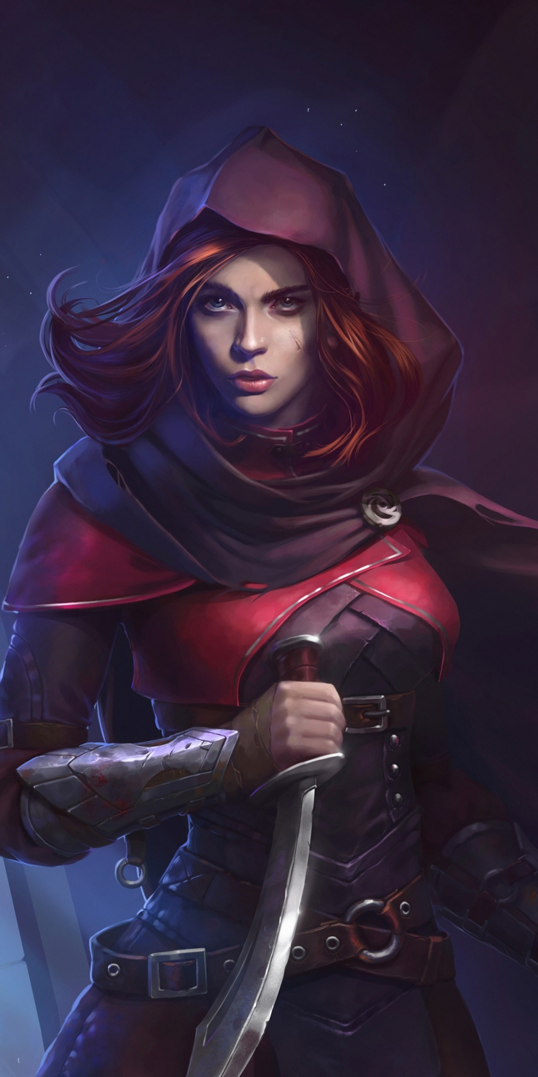 Woman assassin, beautiful, red head, illustration, 1080x2160 wallpaper
