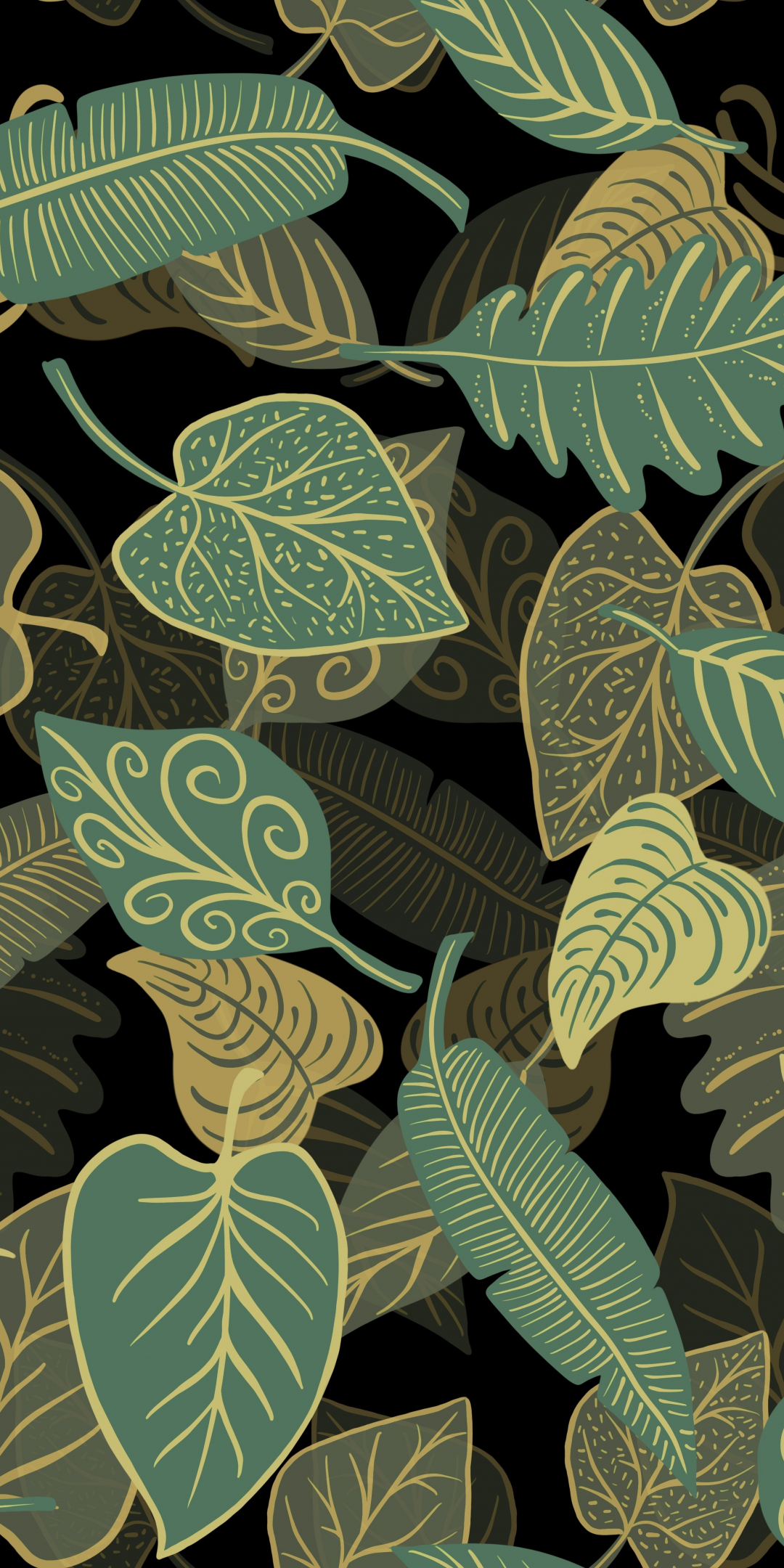 Digital art, green leaves, abstract, 1080x2160 wallpaper
