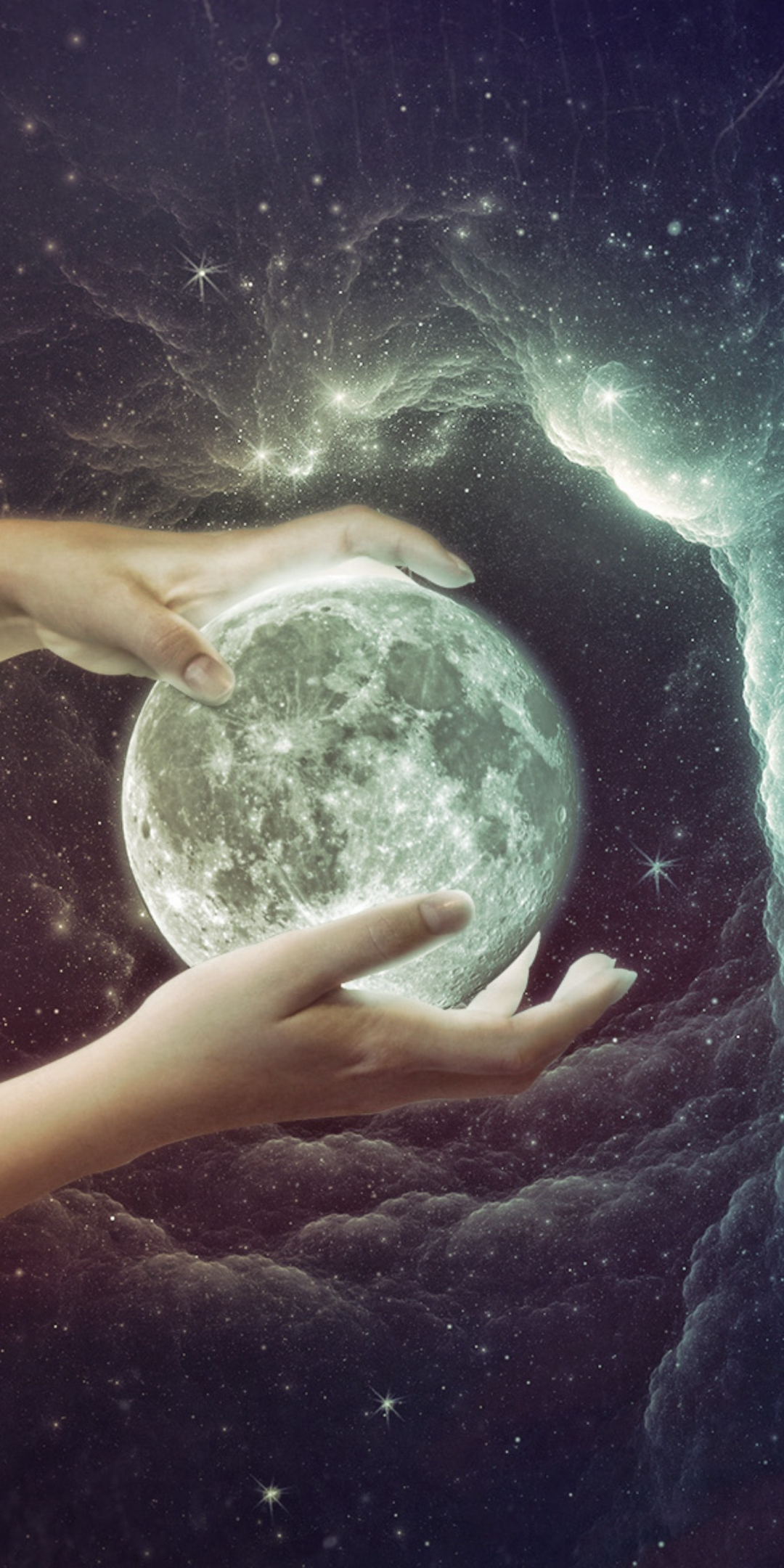Hands, moon, planet, space, clouds, fantasy, art, 1080x2160 wallpaper