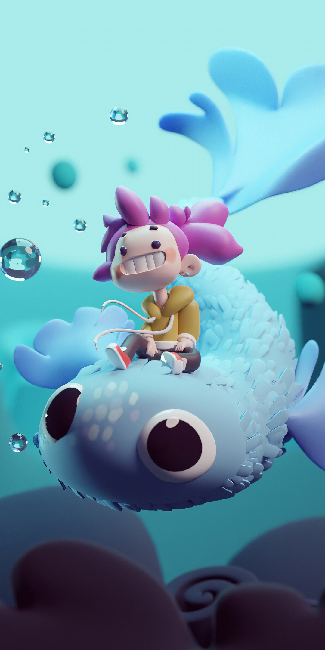 Underwater, child and fish, artwork, 1080x2160 wallpaper