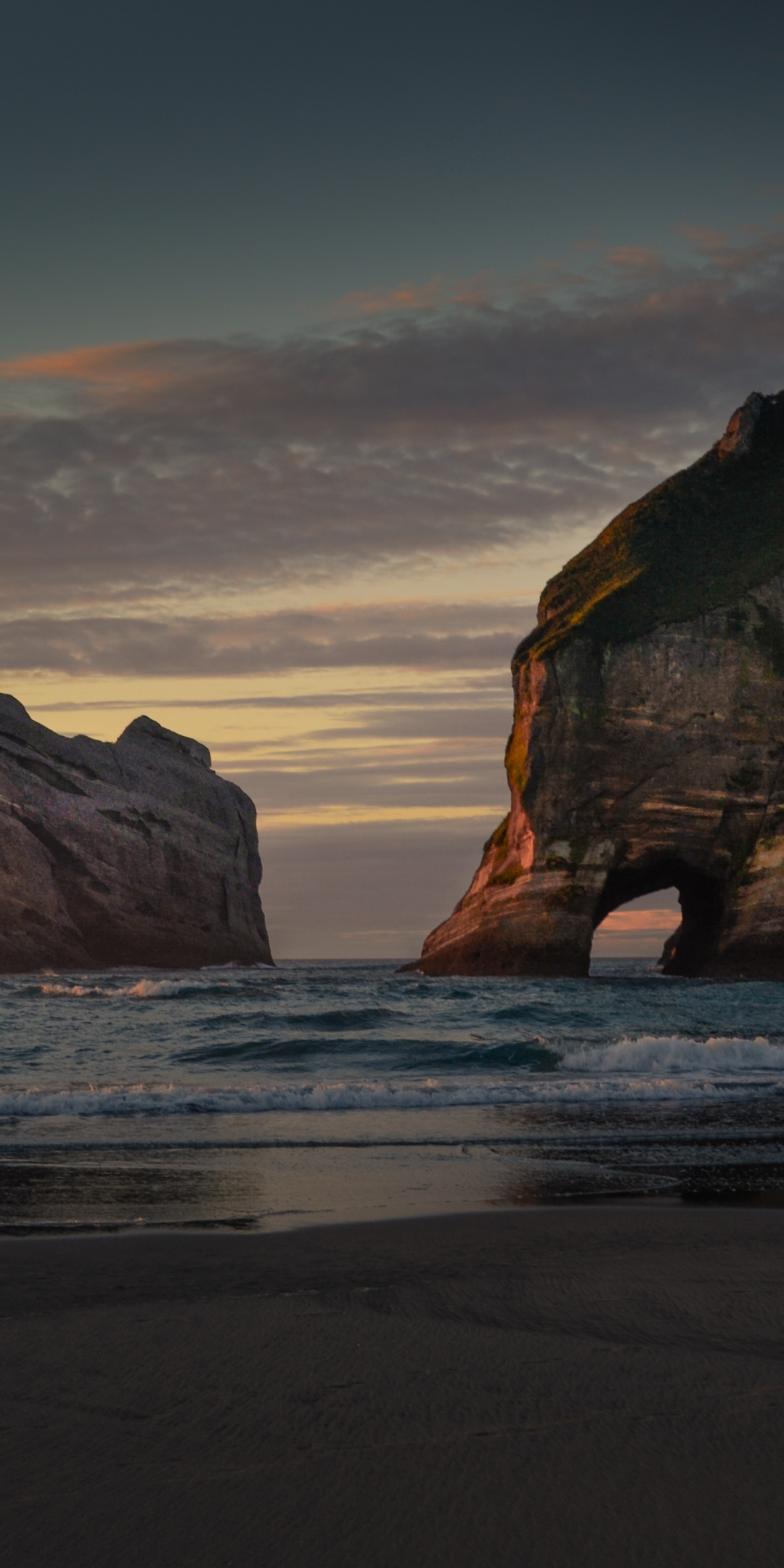 New Zealand, beach, arc, cliff, sunset, 1080x2160 wallpaper