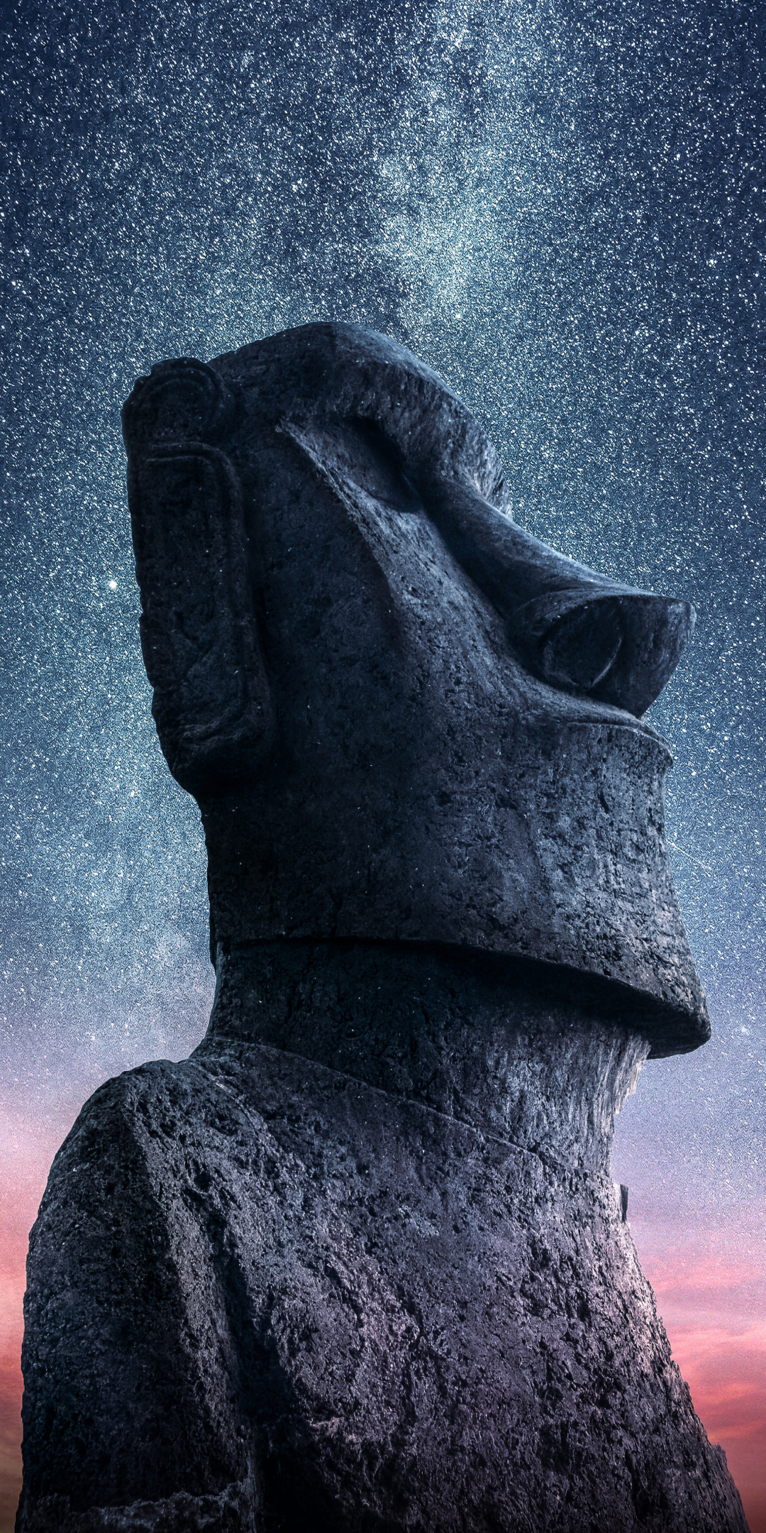 Moai, Statue, Easter Island, sunset, starry sky, 1080x2160 wallpaper
