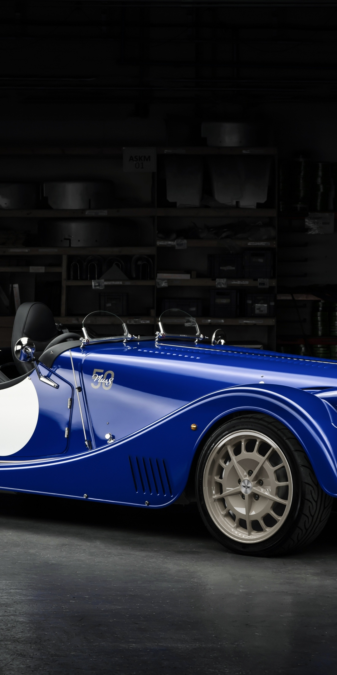 Morgan Plus 8, 50th anniversary edition, blue, classic car, 1080x2160 wallpaper