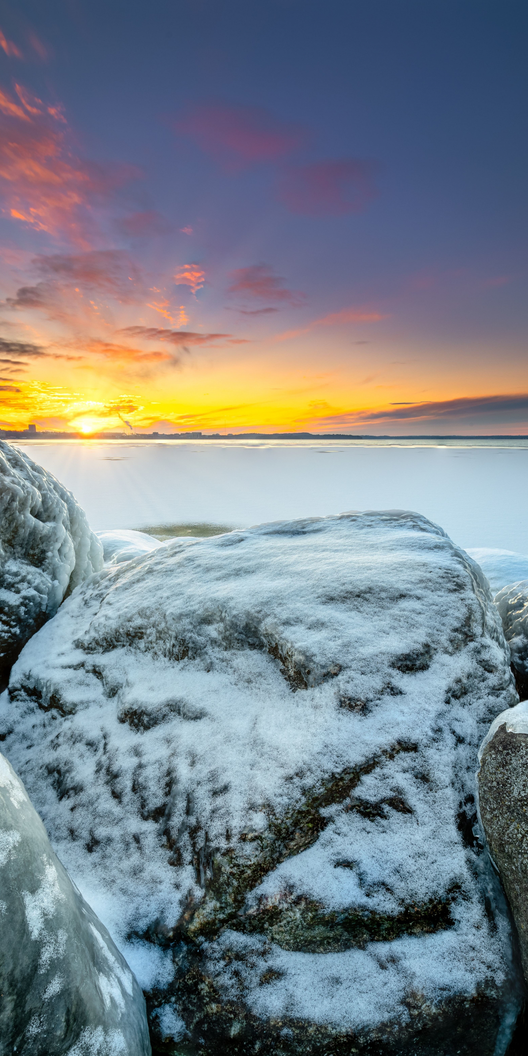 Snow layer, rocks, winter, frozen shore, sunset, 1080x2160 wallpaper