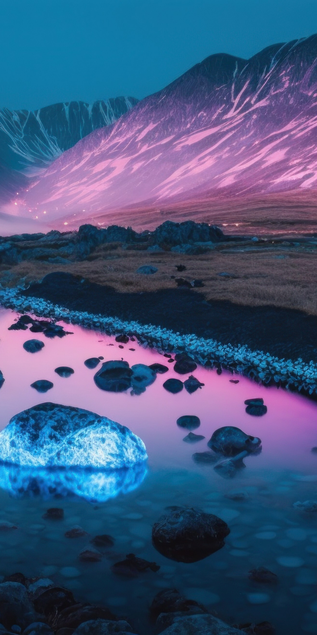 Glowing rocks of rivers, mountains, night, art, 1080x2160 wallpaper