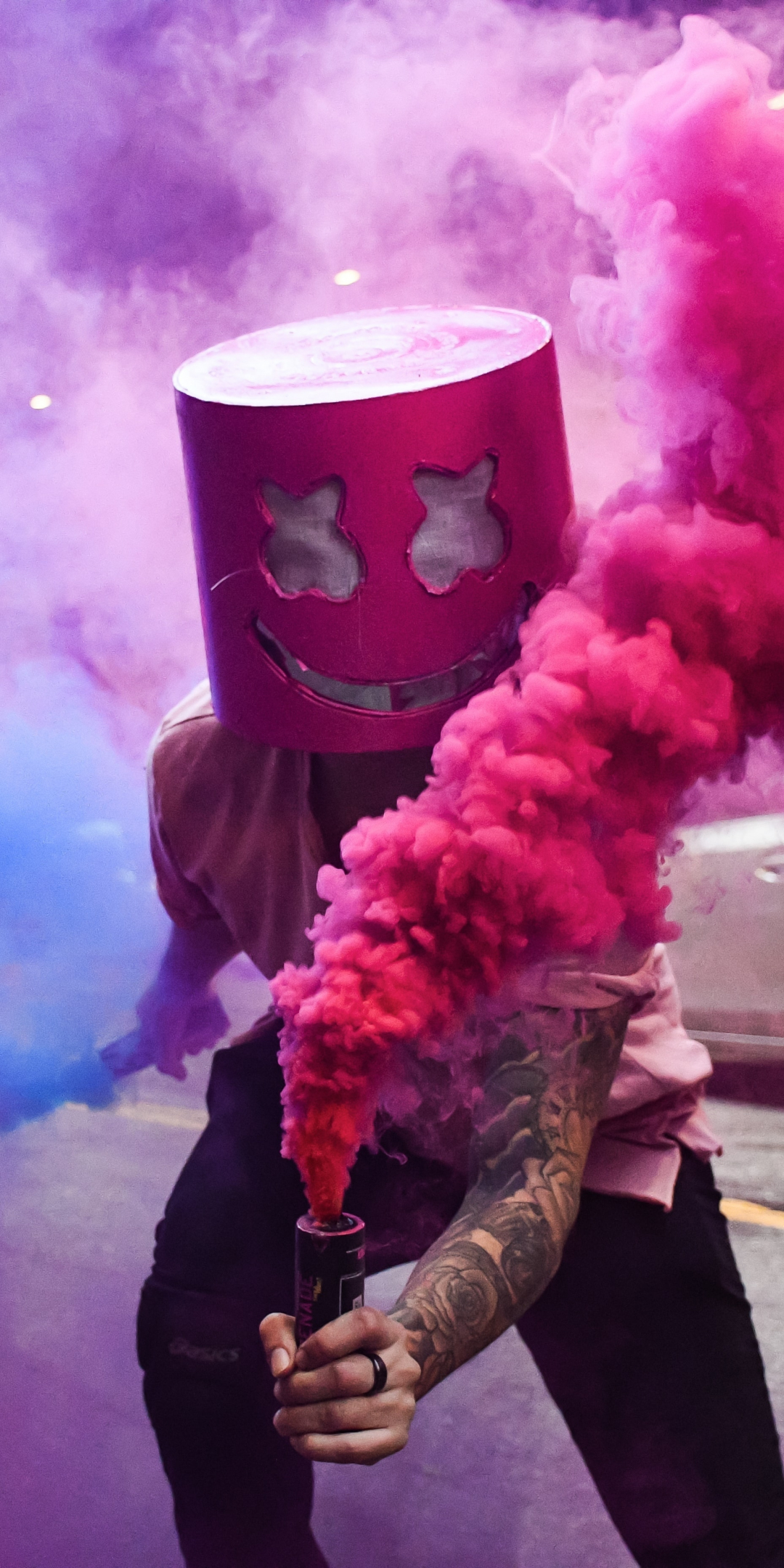 Marshmello, mask, colorful smoke, street festival, 1080x2160 wallpaper
