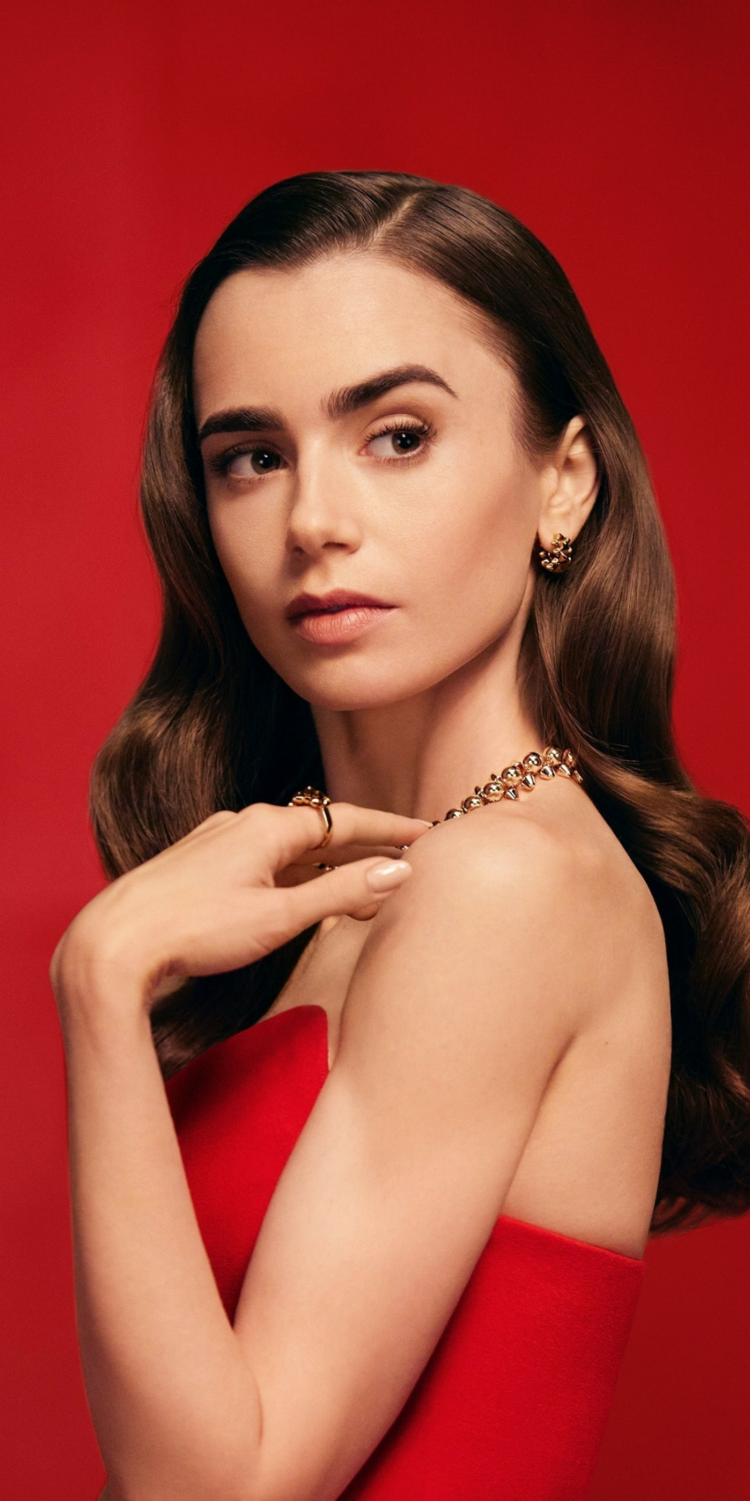2021, Lily Collins, red dress, gorgeous actress, 1080x2160 wallpaper
