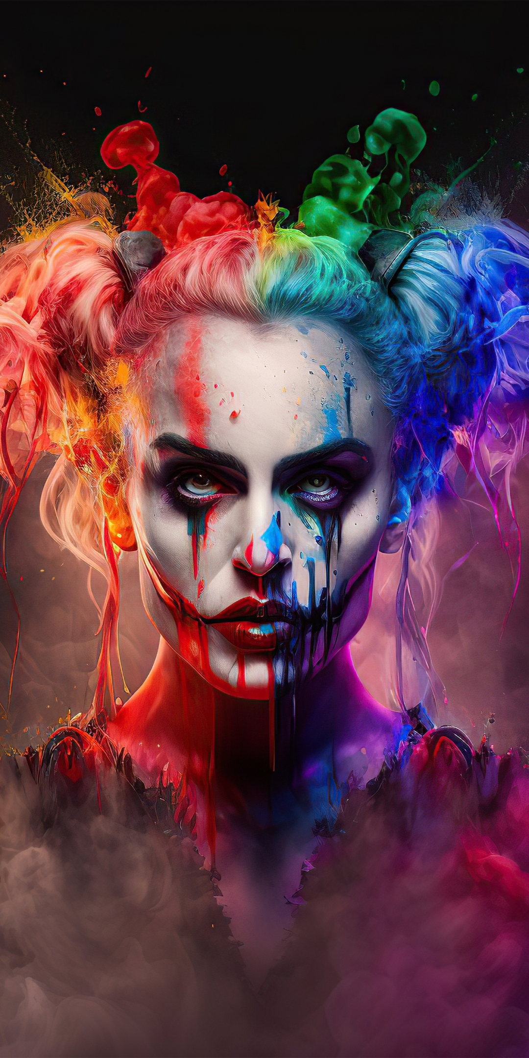 Harley Quinn, colorful face, fan art, 1080x2160 wallpaper