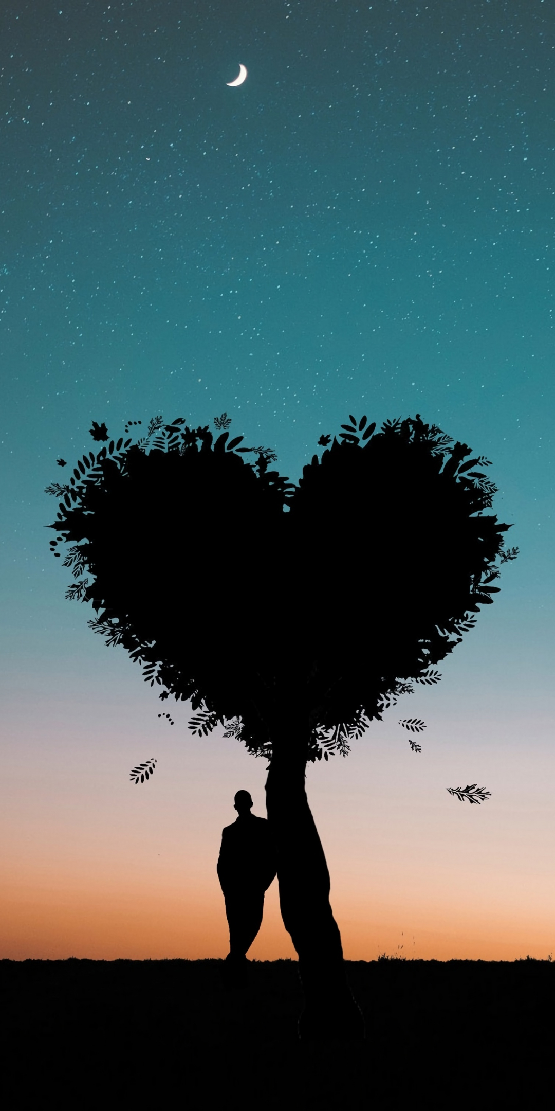 Silhouette, sunset, heart shape, tree, person, gradient, 1080x2160 wallpaper