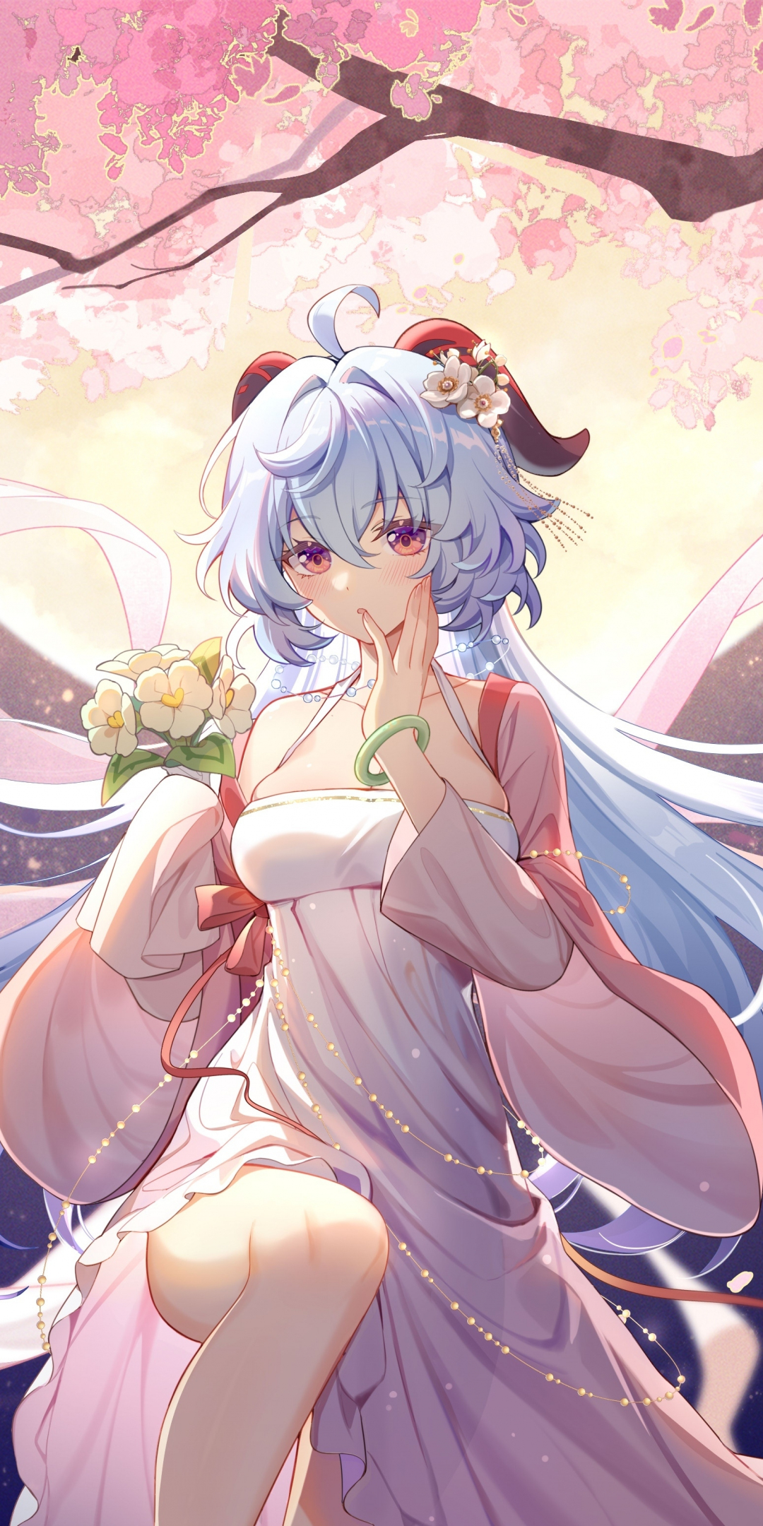 Blossom and girl, blue hair, Genshin Impact, game, 1080x2160 wallpaper
