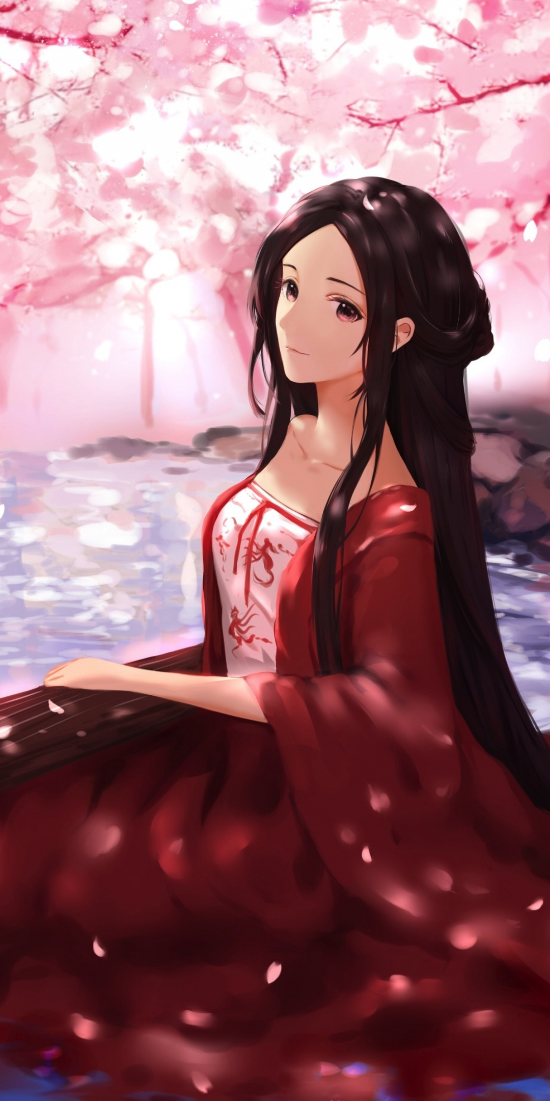 Download cute, anime girl, cherry flowers, music, play 1080x2160