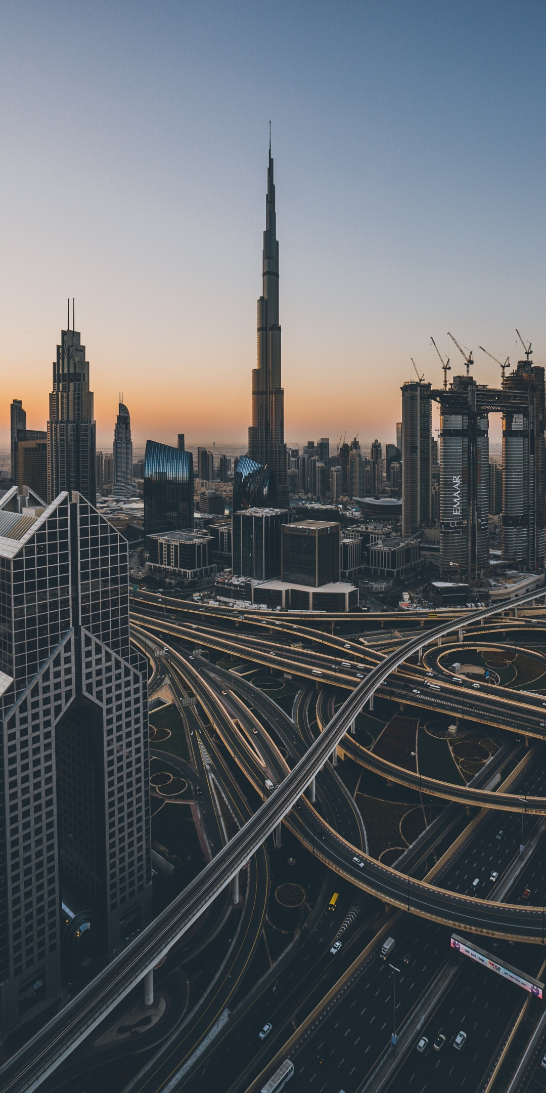 Dubai, cityscape, sunrise, road, bridge, buildings, 1080x2160 wallpaper