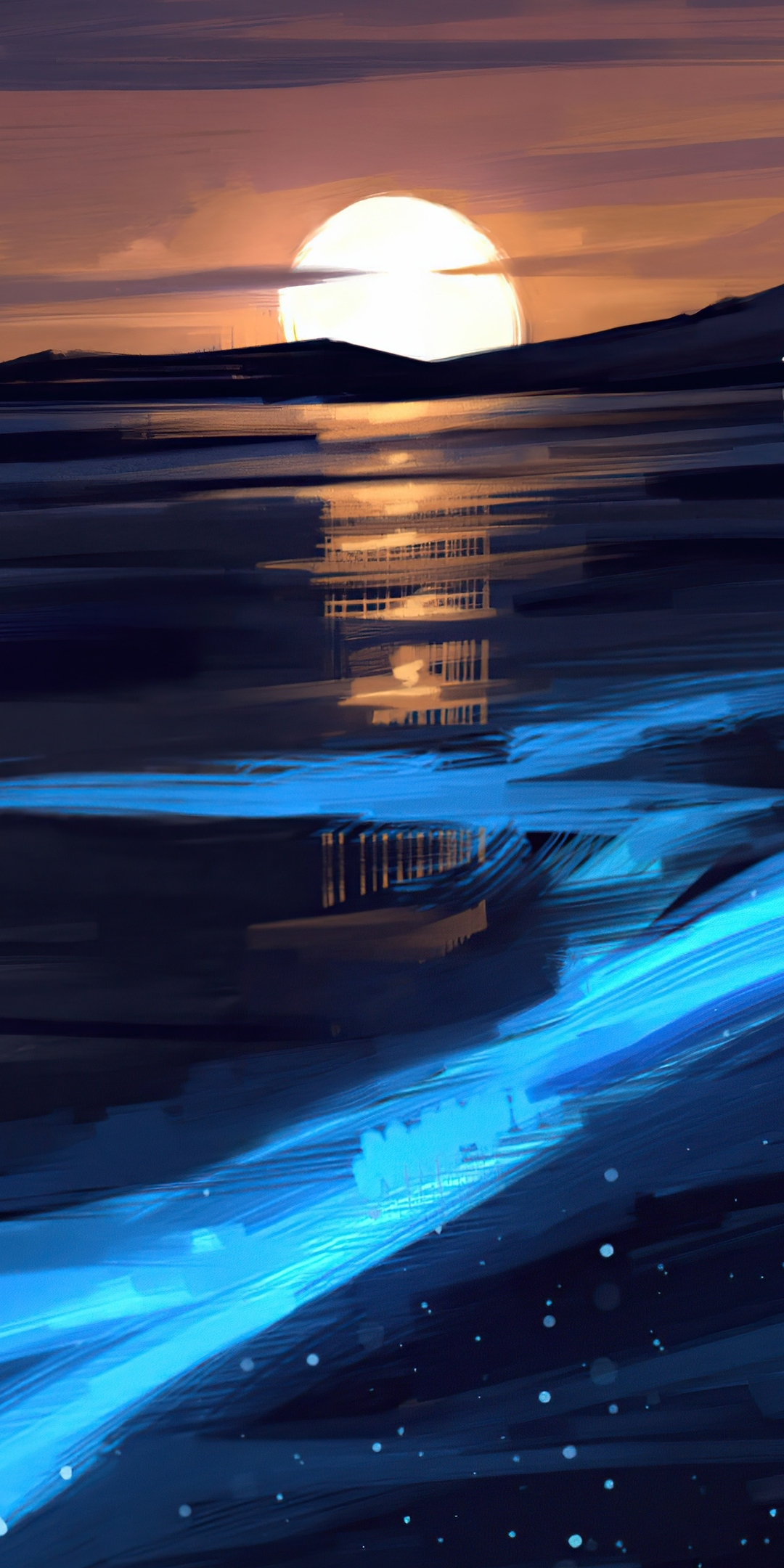 Sunset, glowing lake, artwork, 1080x2160 wallpaper