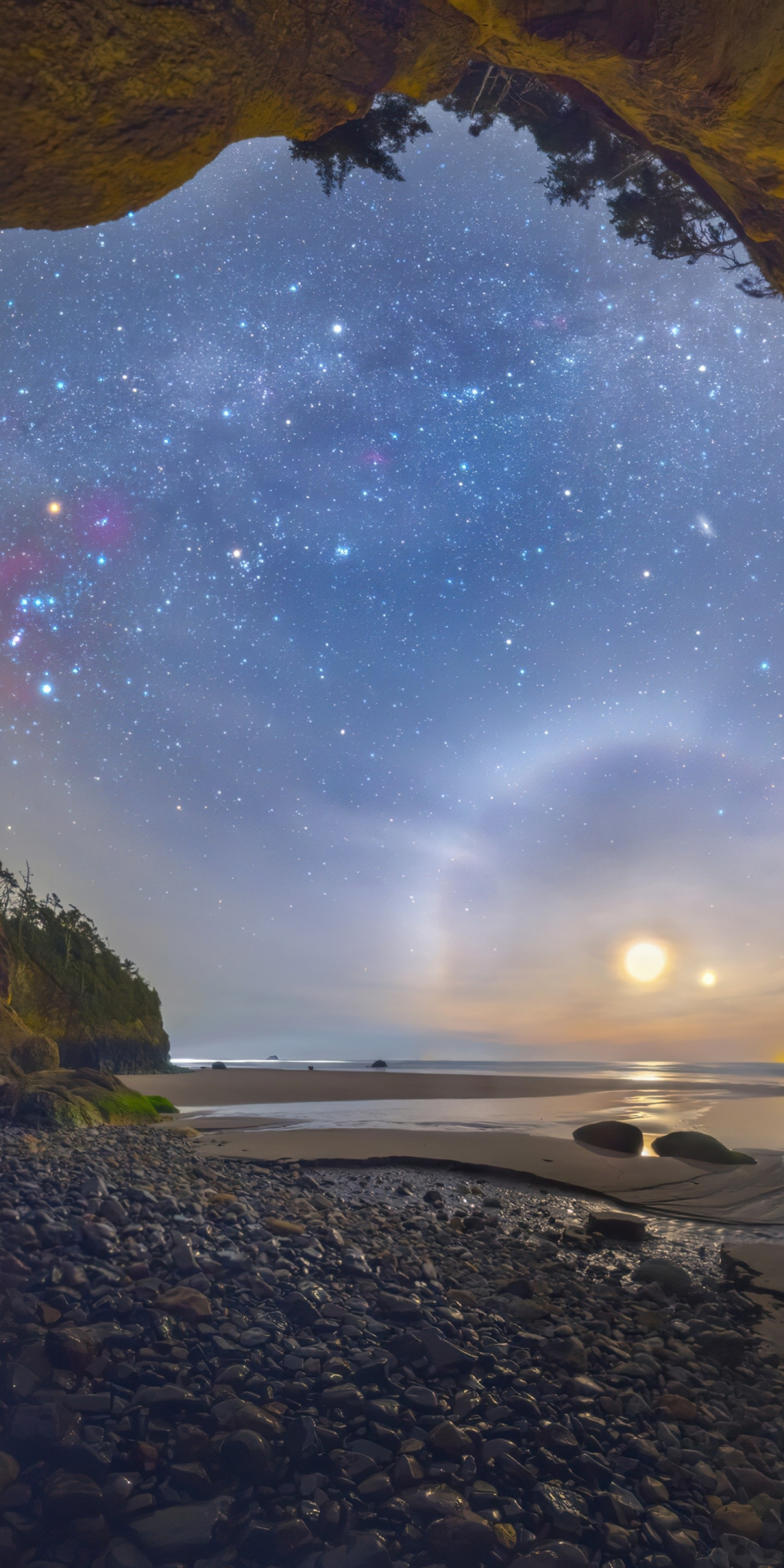 Coastal Cave, starry sky, sunset, USA, 1080x2160 wallpaper