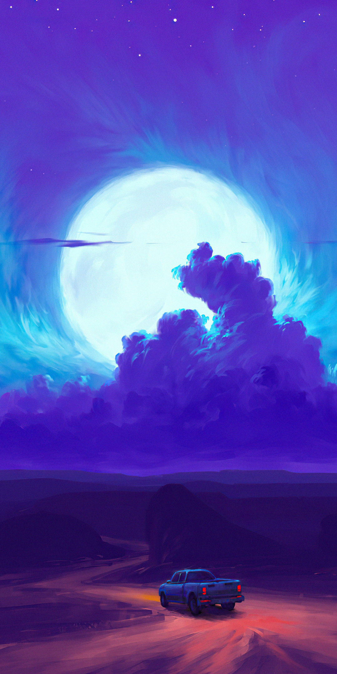 Moonrise, minimal, blue clouds, road, car drive, fantasy art, 1080x2160 wallpaper