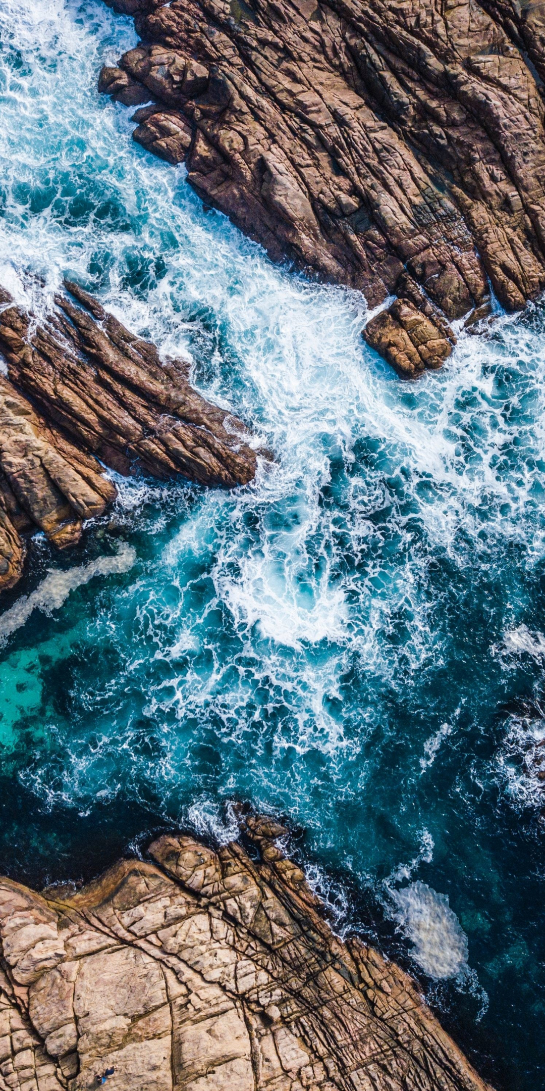 Coast, canal, sea waves, rocks, aerial shot, 1080x2160 wallpaper