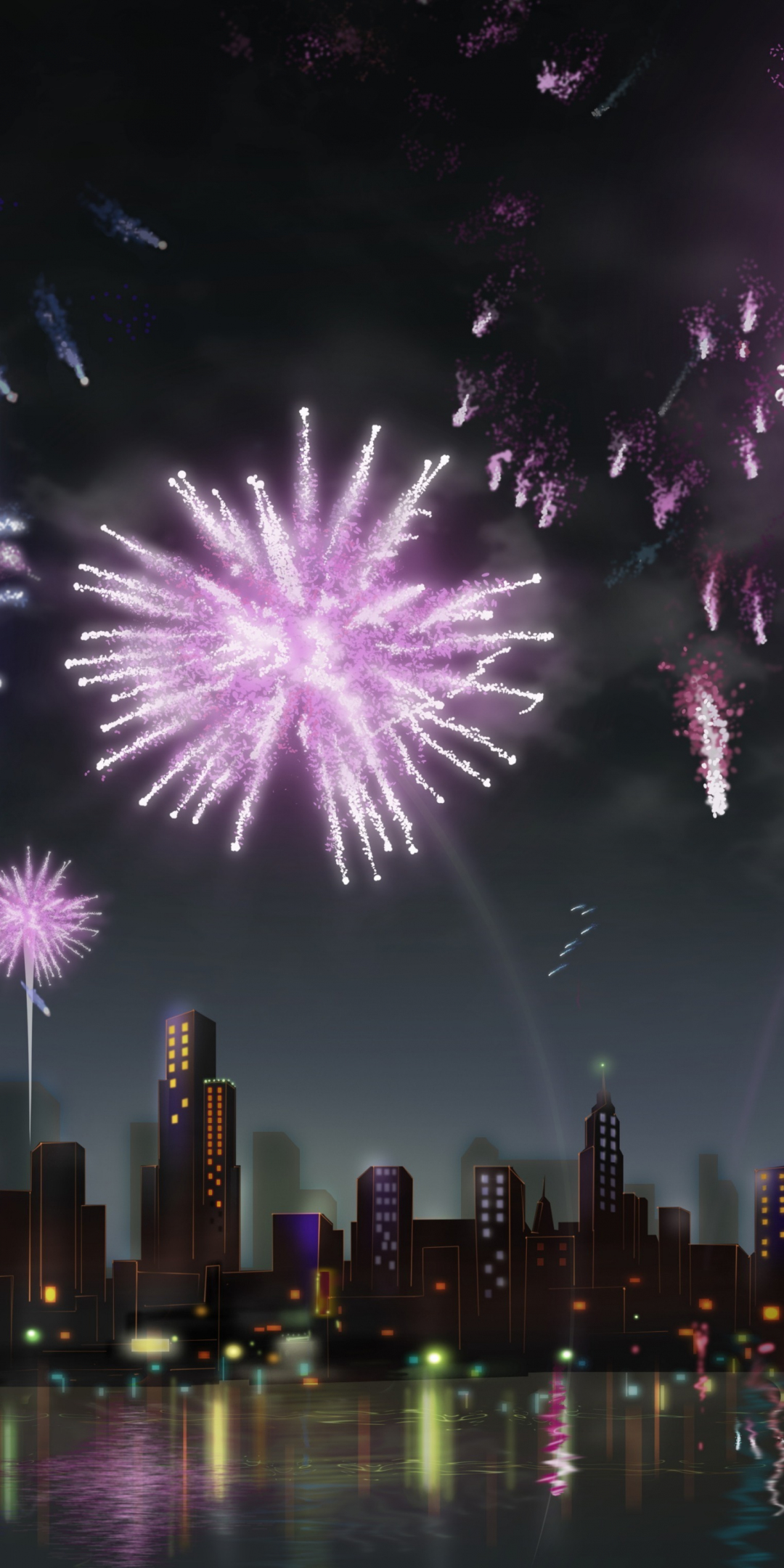 Digital art, city, night, fireworks, 1080x2160 wallpaper