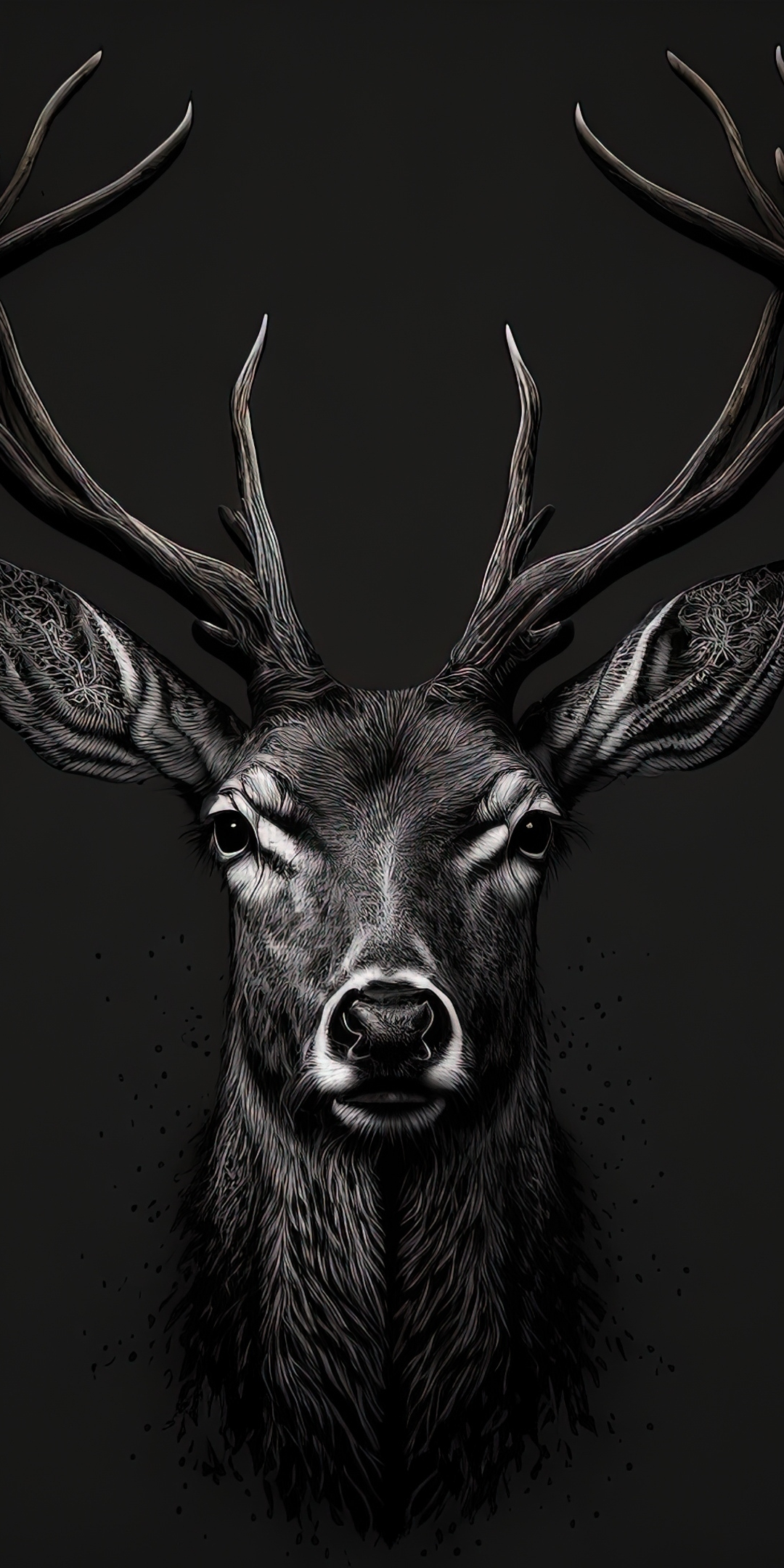 BW, deer muzzle, digital art, 1080x2160 wallpaper