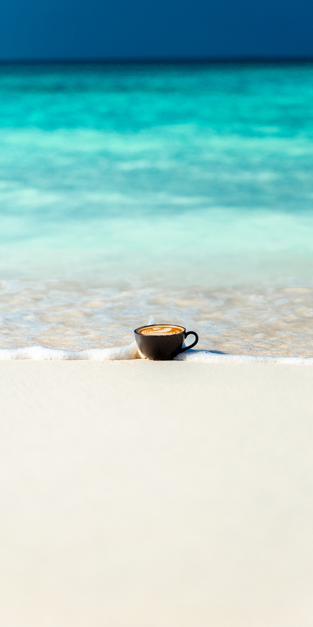 Coffee cup, beach, sea waves, soft, minimal, 1080x2160 wallpaper