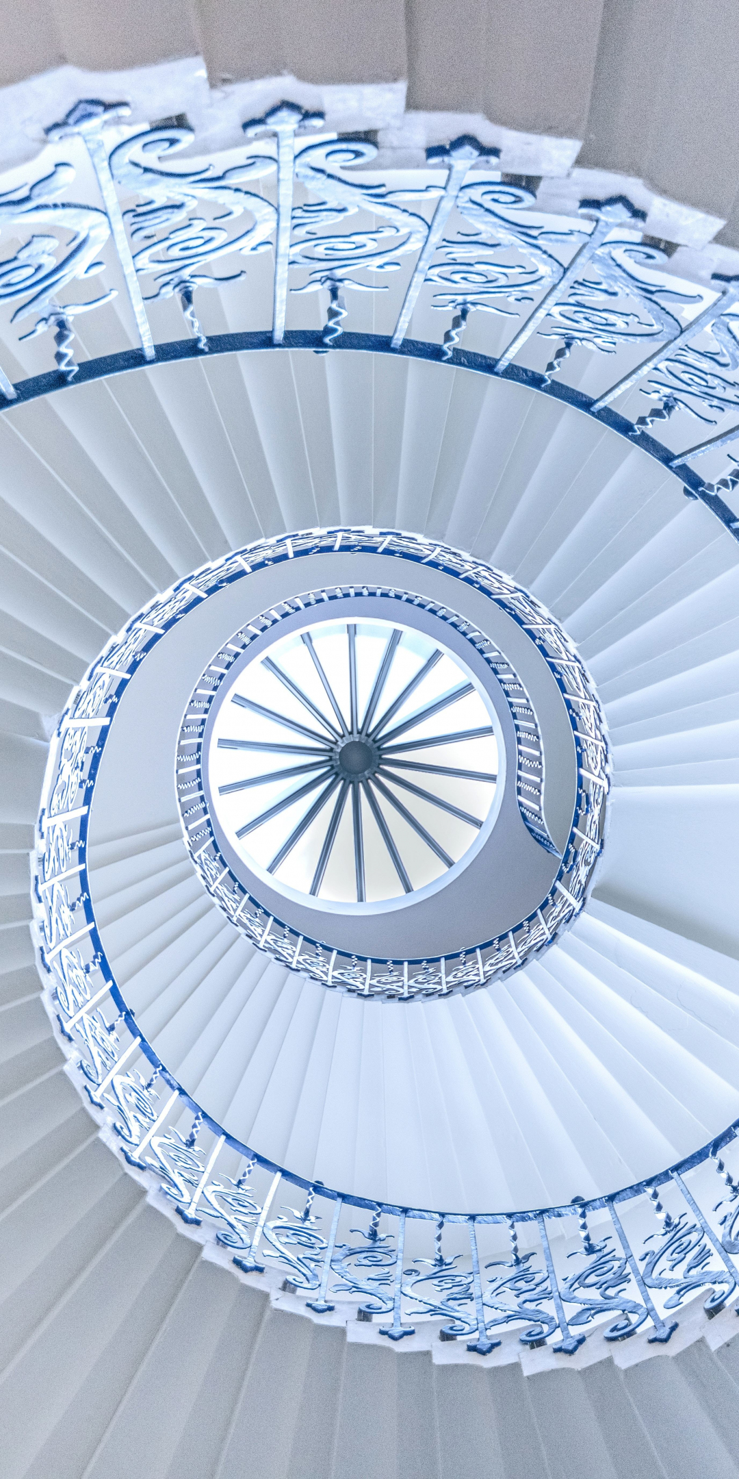 Spiral, white-blue stairs, interior, 1080x2160 wallpaper
