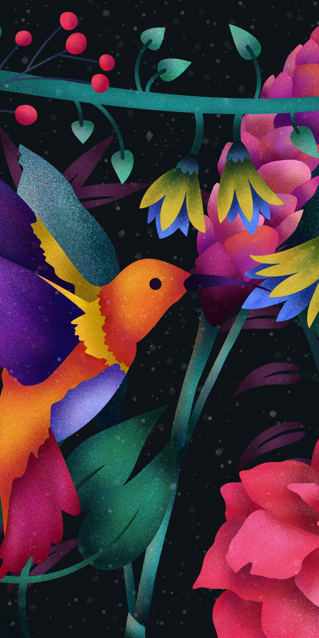 Hummingbird, abstract, colorful, flowers, 1080x2160 wallpaper