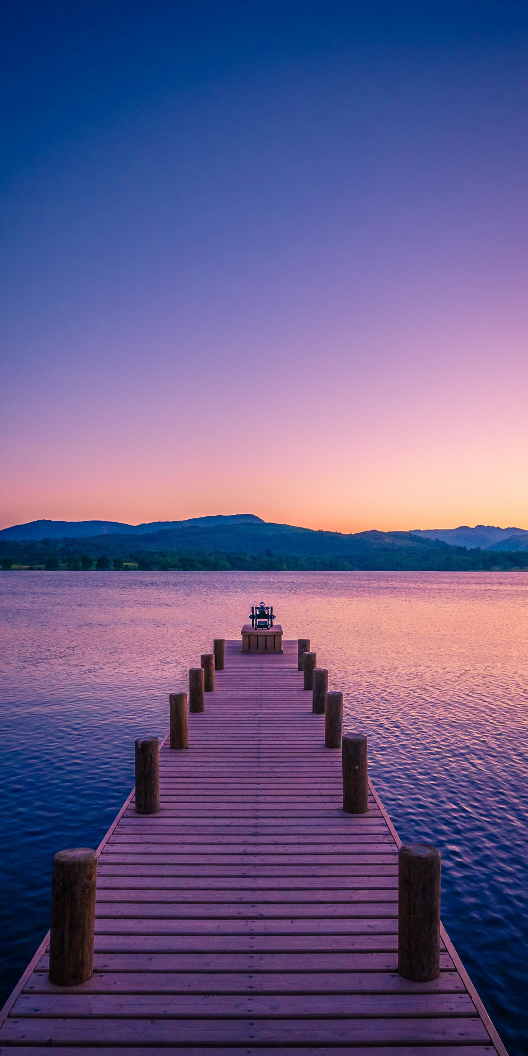 Calm pier, lake, sunset, 1080x2160 wallpaper