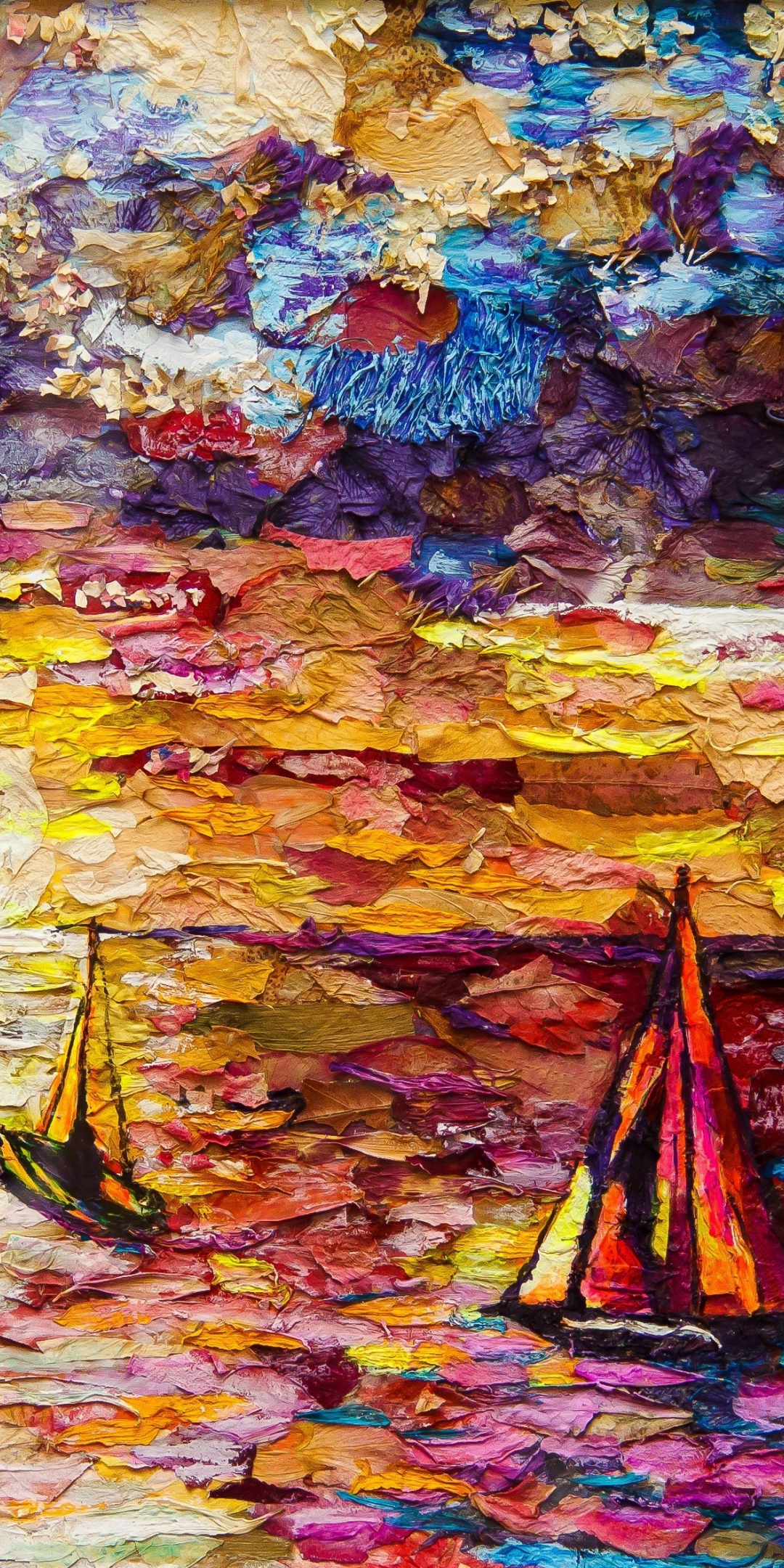 Sea, ships, sunset, colorful, artwork, texture, 1080x2160 wallpaper