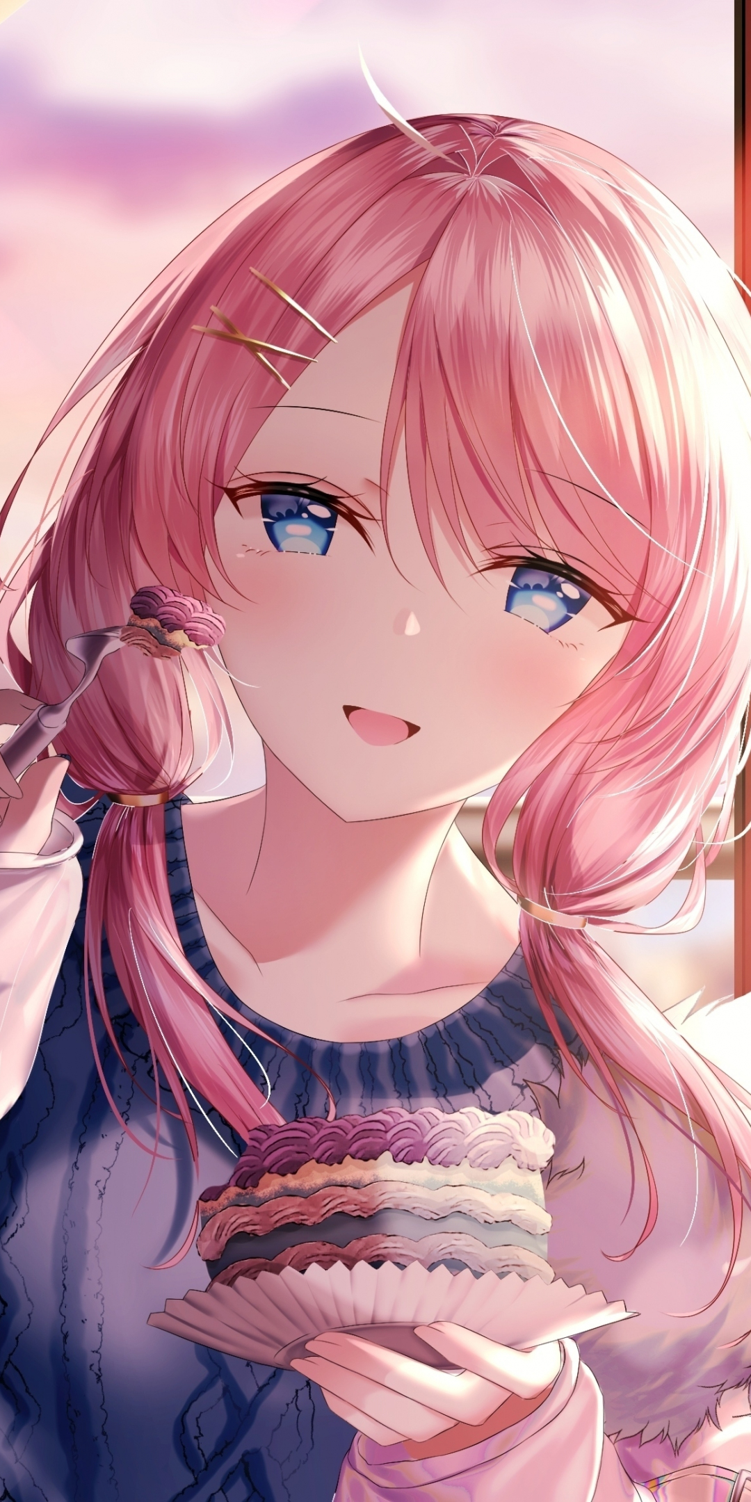 Cute, anime girl, beautiful, eating cake, 1080x2160 wallpaper