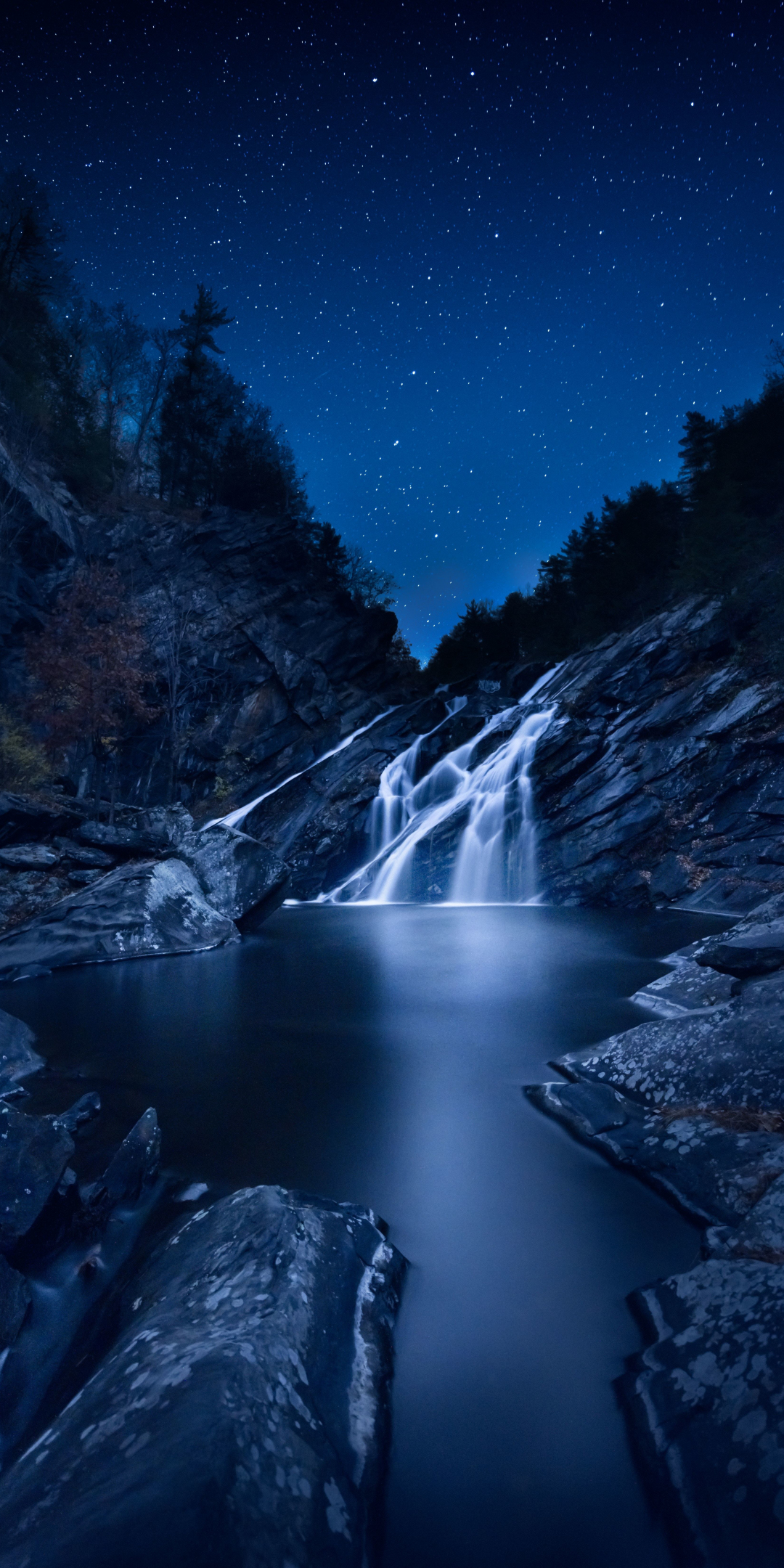 Waterfall, starry sky, night, current, stones, 1080x2160 wallpaper