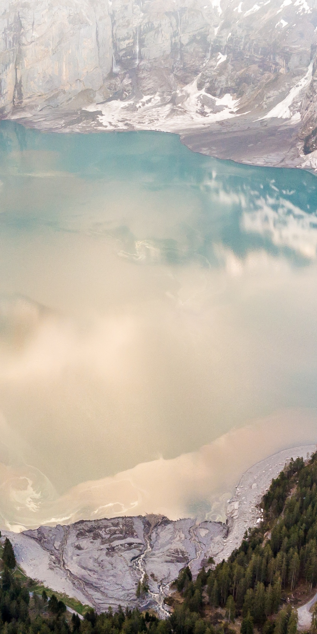 Lake, mountains, aerial view, trees, 1080x2160 wallpaper