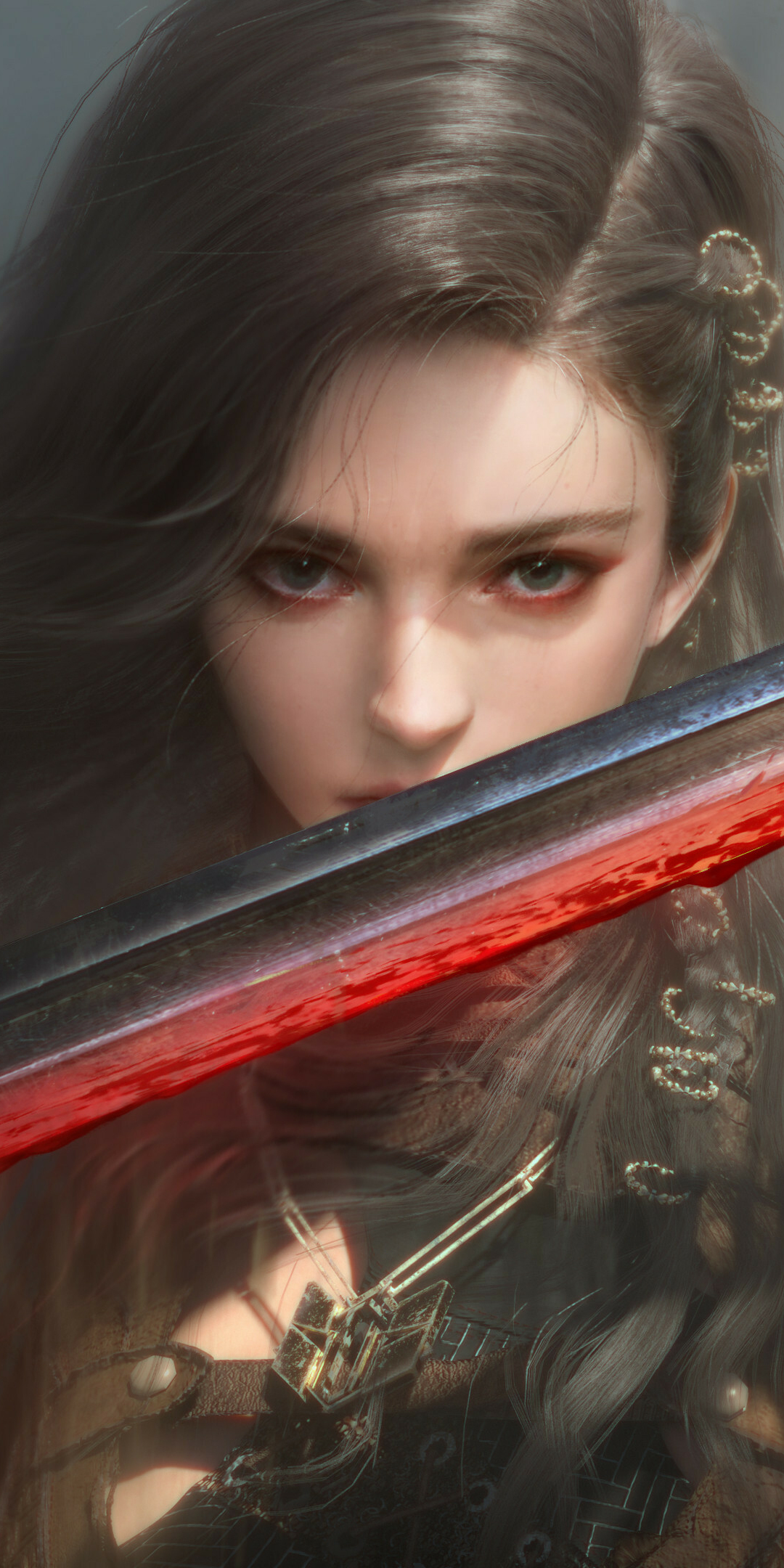 Beautiful female warrior with sword, fantasy, 1080x2160 wallpaper